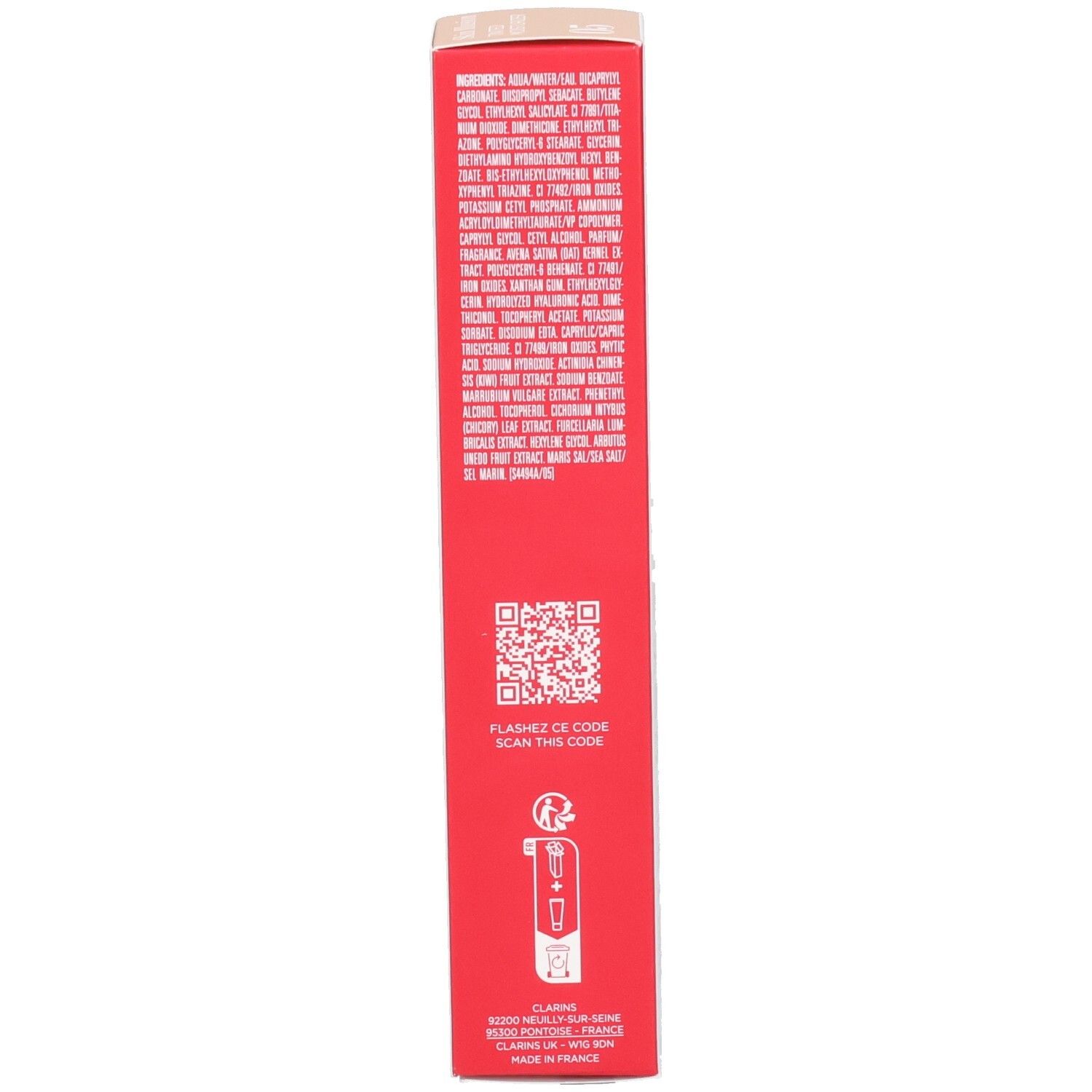Vue latérale de l'emballage Clarins Skin Illusion avec ingrédients.