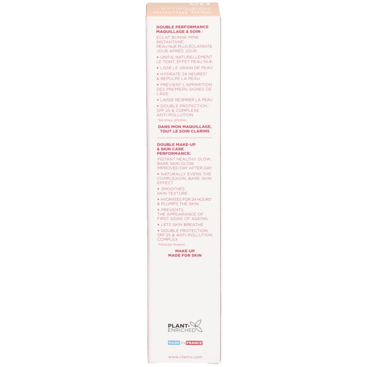 Dos de l'emballage Clarins Skin Illusion avec les avantages du produit.