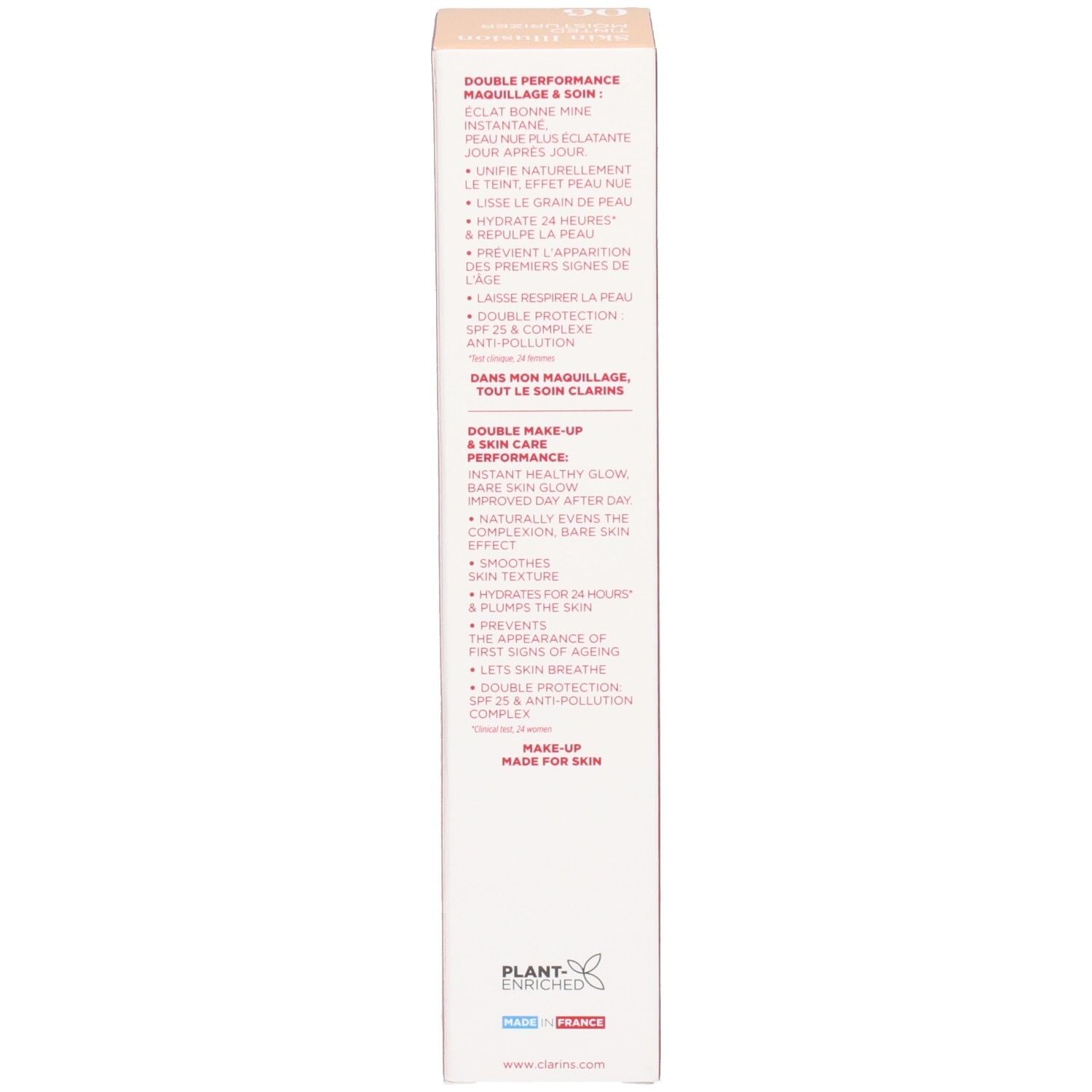 Vue latérale de la boîte Clarins Skin Illusion SPF 25 avec bénéfices produit.