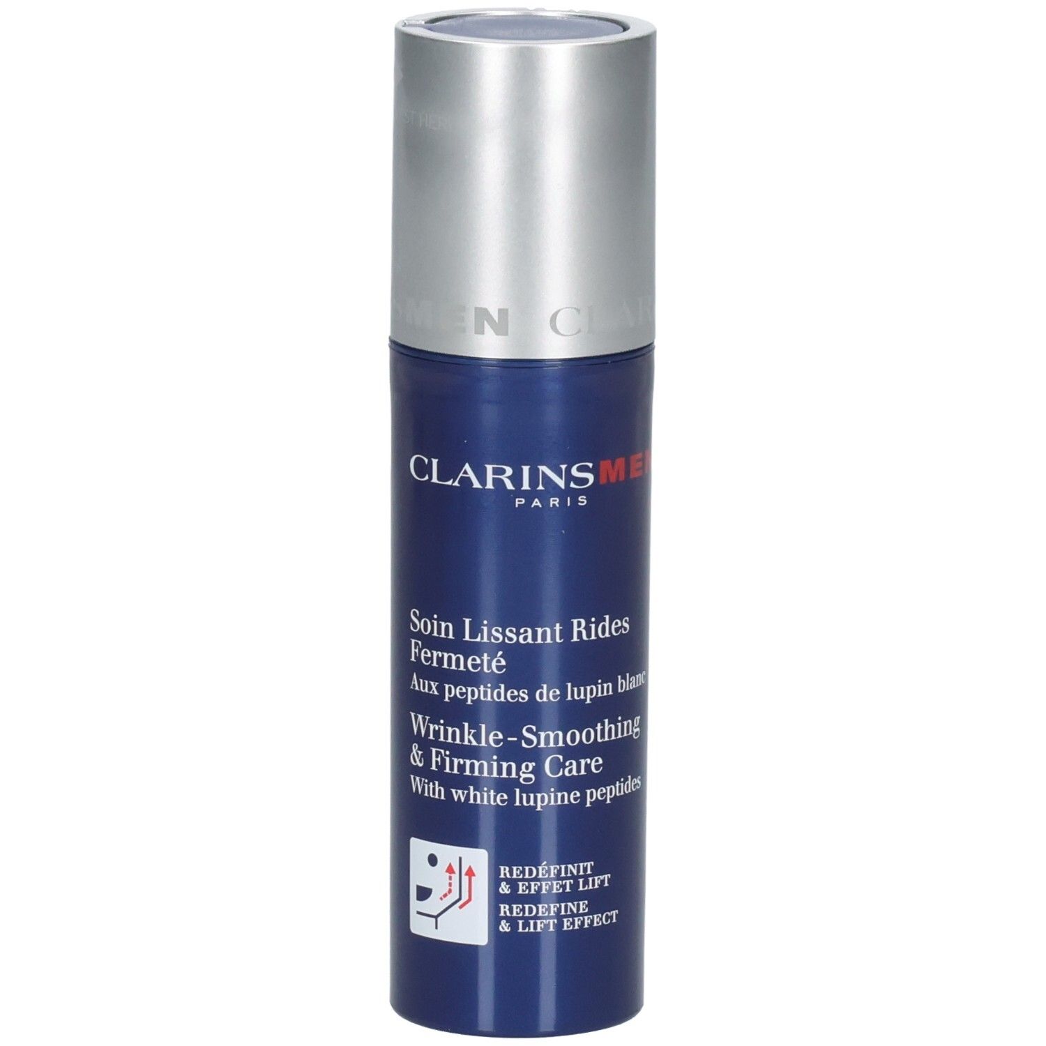 Clarins Men soin visage avec pompe. Flacon bleu avec bouchon argenté.