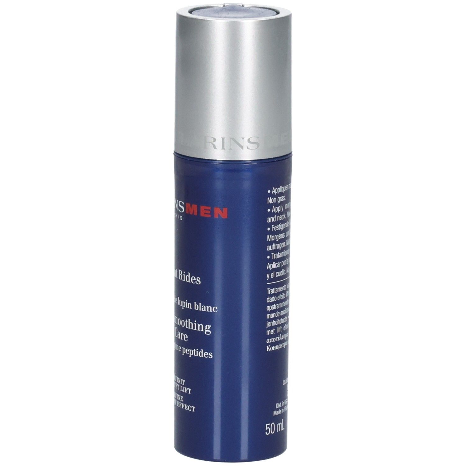Clarins Men soin visage avec pompe. Flacon bleu avec bouchon argenté.