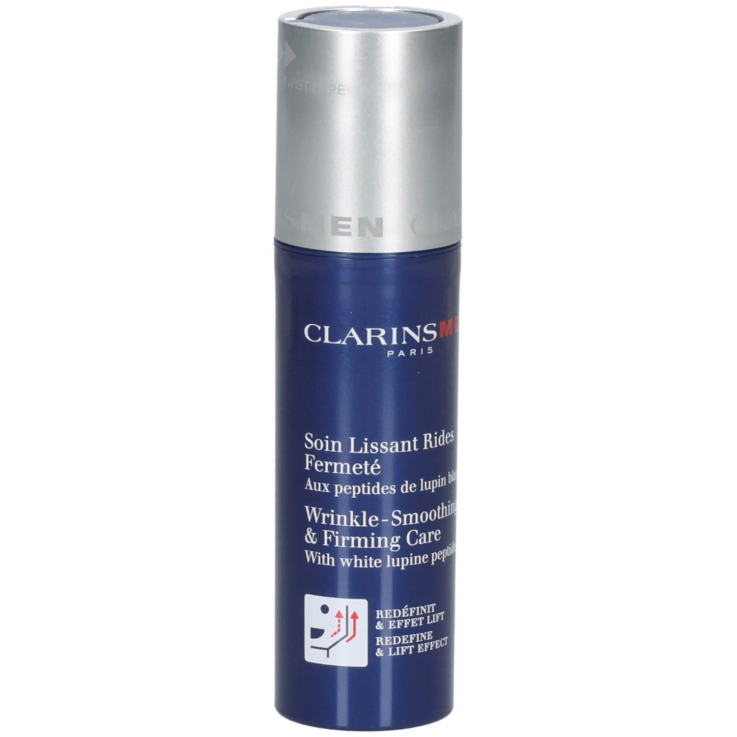 Clarins Men soin visage avec pompe. Flacon bleu avec bouchon argenté.