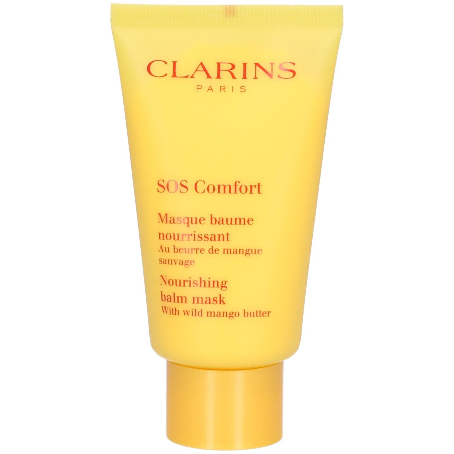 Clarins SOS Comfort Masque Baume Nourrissant, tube jaune avec bouchon assorti.