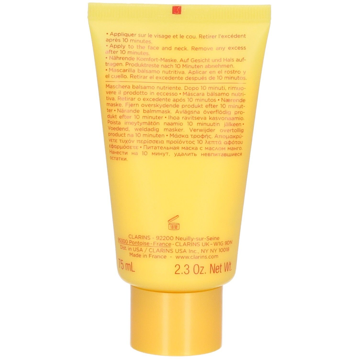 Dos du tube Clarins SOS Comfort Masque Baume Nourrissant avec instructions et informations.