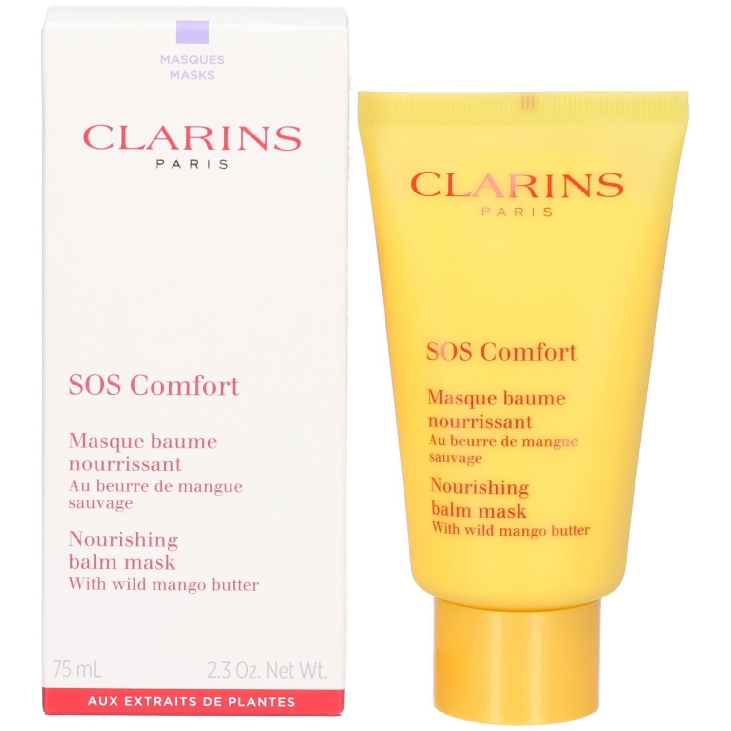 Clarins SOS Comfort Masque avec son emballage. Tube jaune et boîte blanche avec nom du produit.