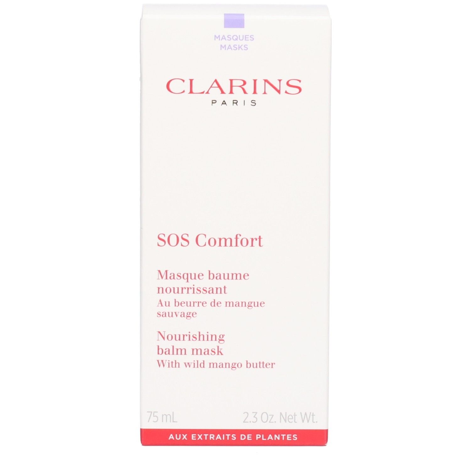 Clarins SOS Comfort Masque, boîte en carton blanche avec informations produit et logo.