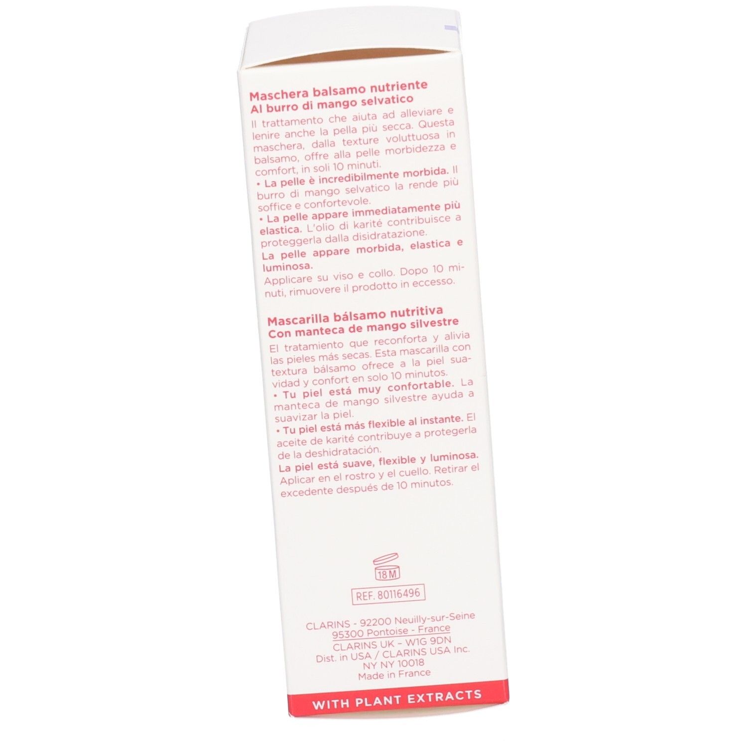 Dos de l'emballage Clarins SOS Comfort Masque avec instructions détaillées.