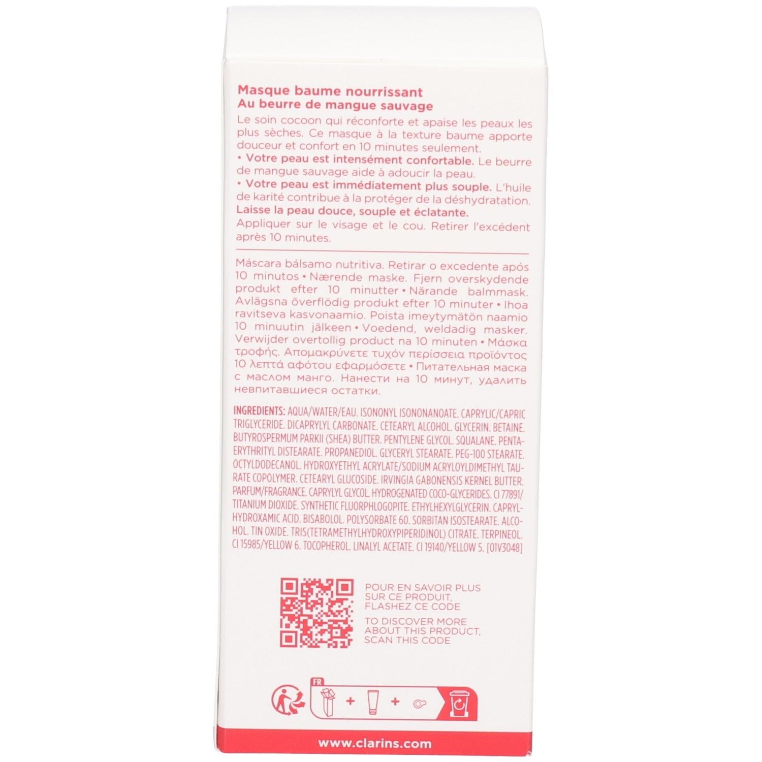 Emballage Clarins SOS Comfort Masque avec liste des ingrédients et QR code.