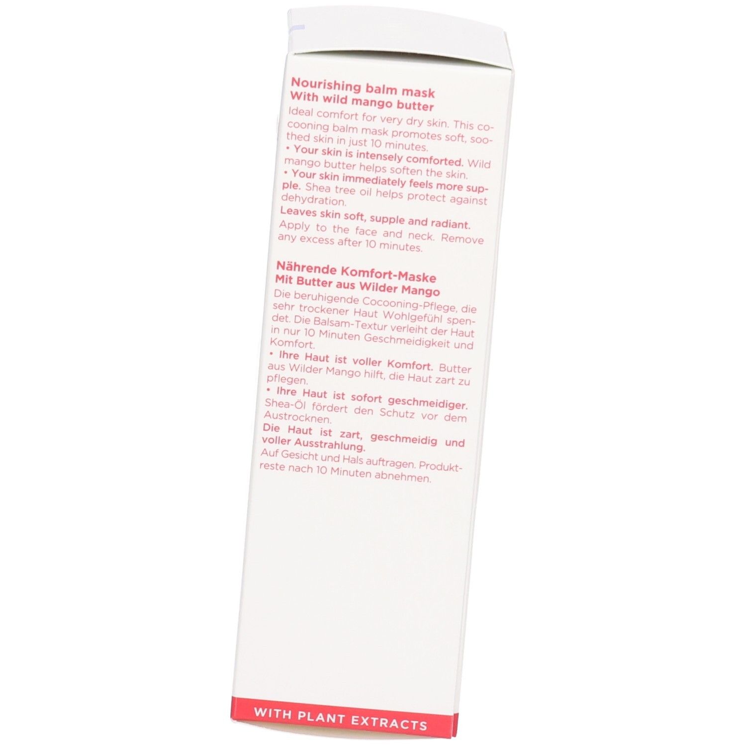Côté de l'emballage Clarins SOS Comfort Masque avec description des bienfaits et ingrédients.