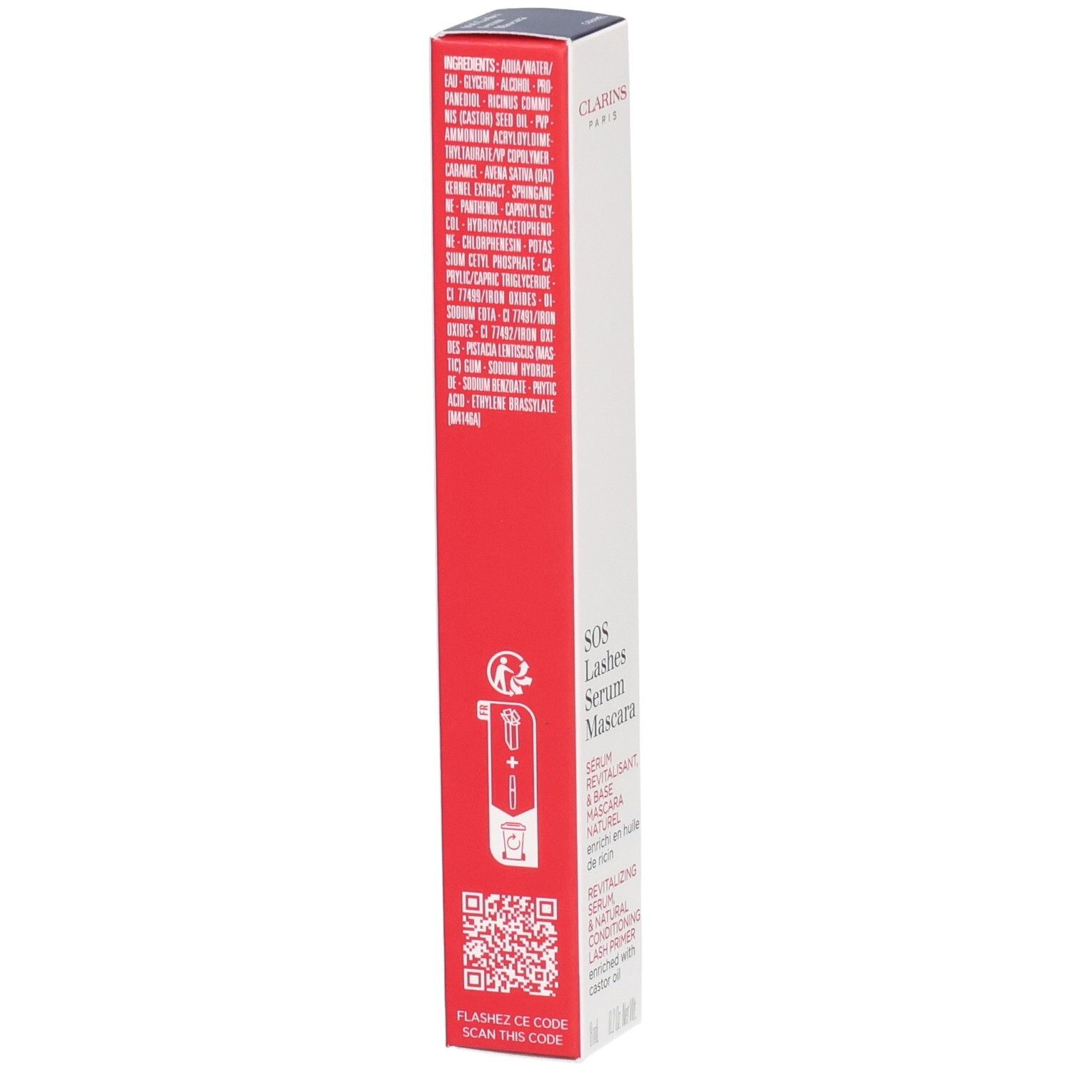 Emballage du sérum mascara SOS Lashes Clarins avec liste d'ingrédients et instructions.