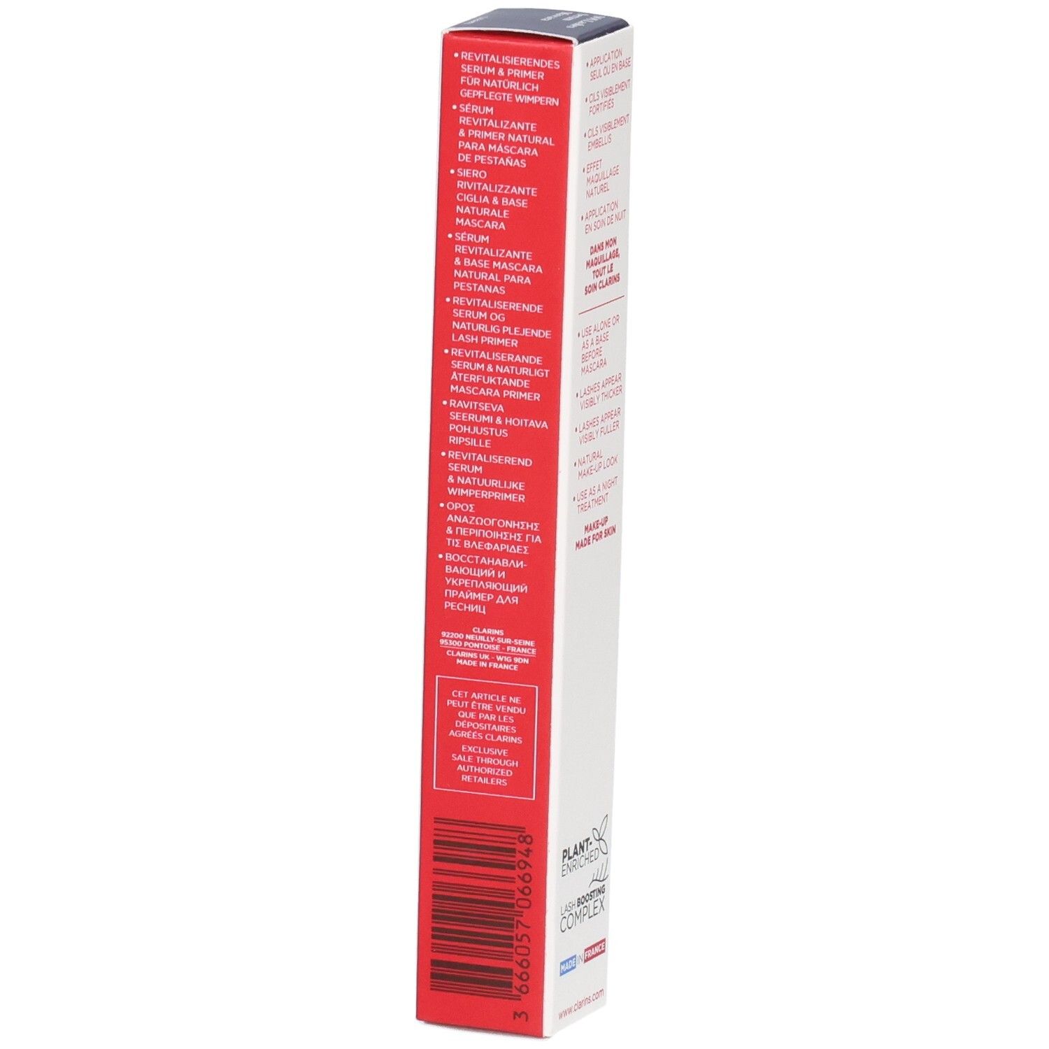 Emballage du sérum mascara SOS Lashes Clarins avec descriptions produit multilingues.