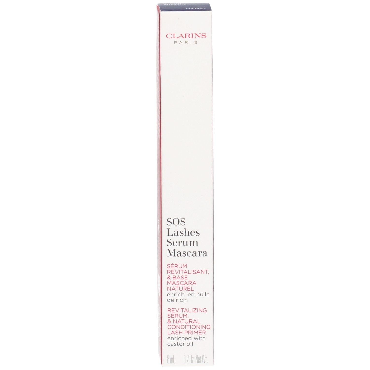 Emballage du sérum mascara SOS Lashes Clarins avec nom du produit et logo.