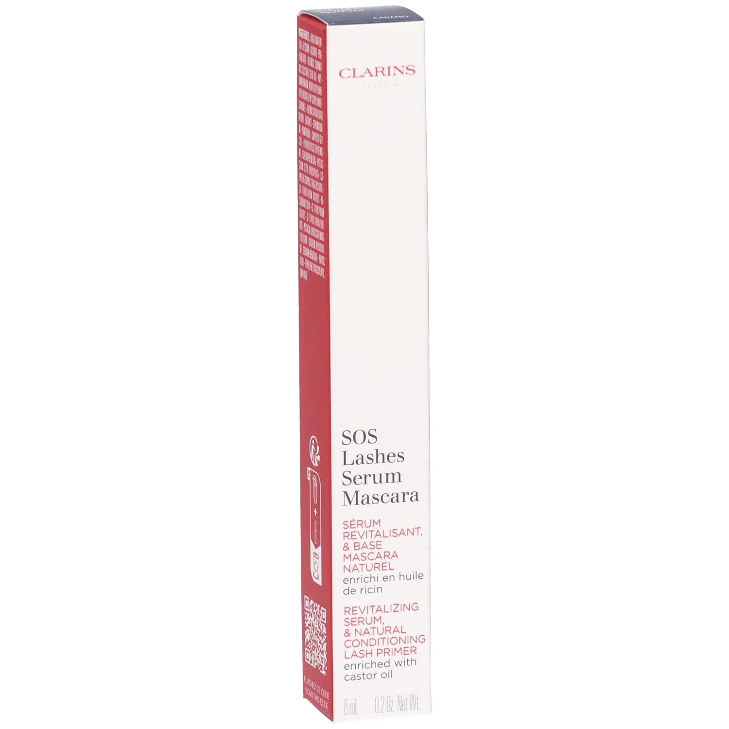 Emballage du sérum mascara SOS Lashes de Clarins avec informations produit et logo.