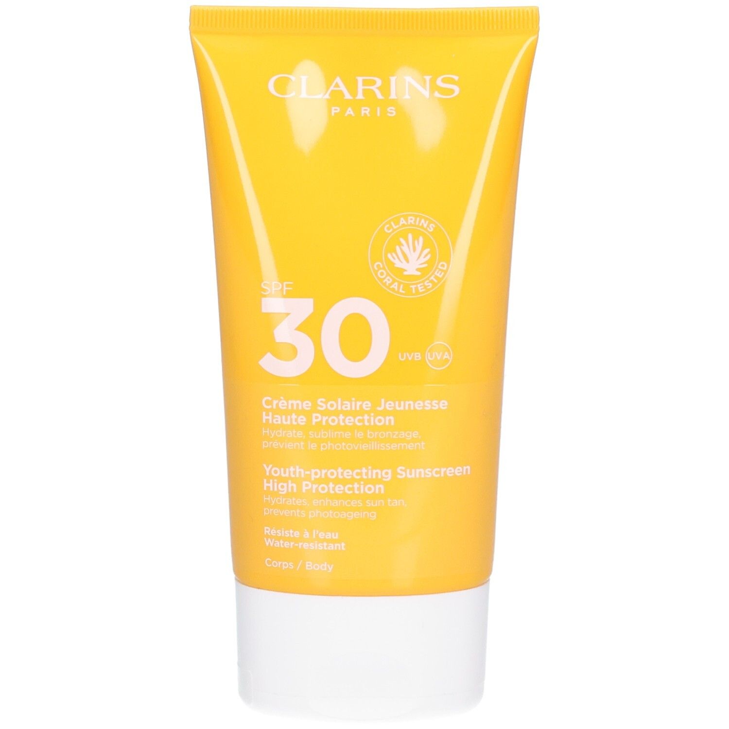 Tube de crème solaire Clarins SPF 30, jaune avec bouchon blanc.