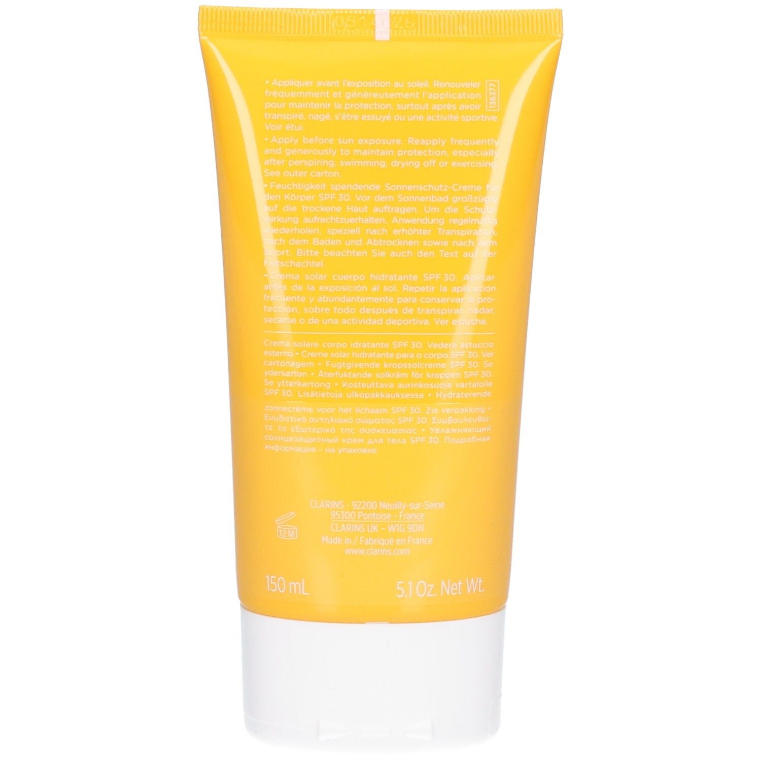 Arrière du tube de crème solaire Clarins avec informations produit et SPF 30.