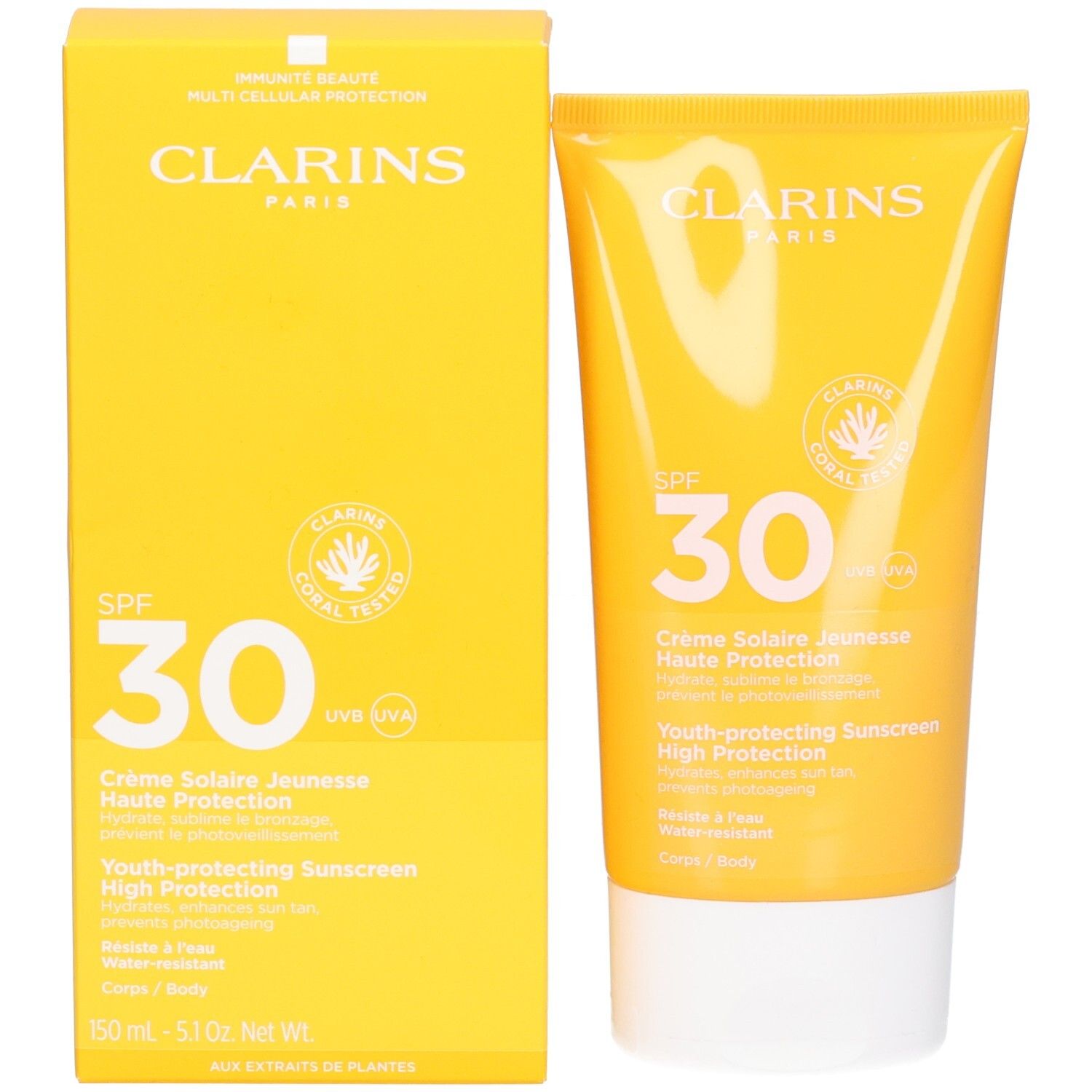 Crème solaire Clarins SPF 30 et sa boîte d'emballage, toutes deux jaunes.