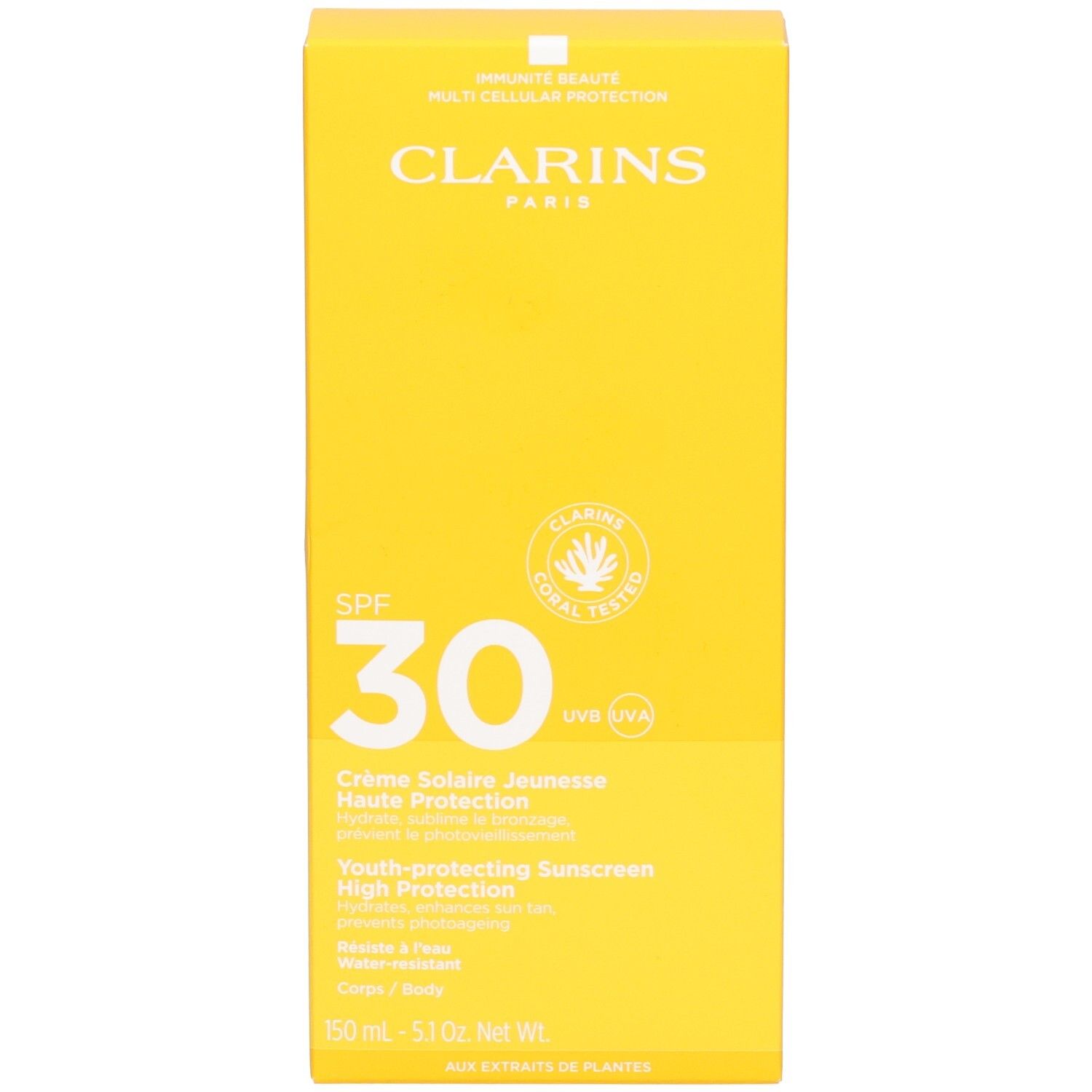 Boîte d'emballage jaune pour crème solaire Clarins SPF 30.