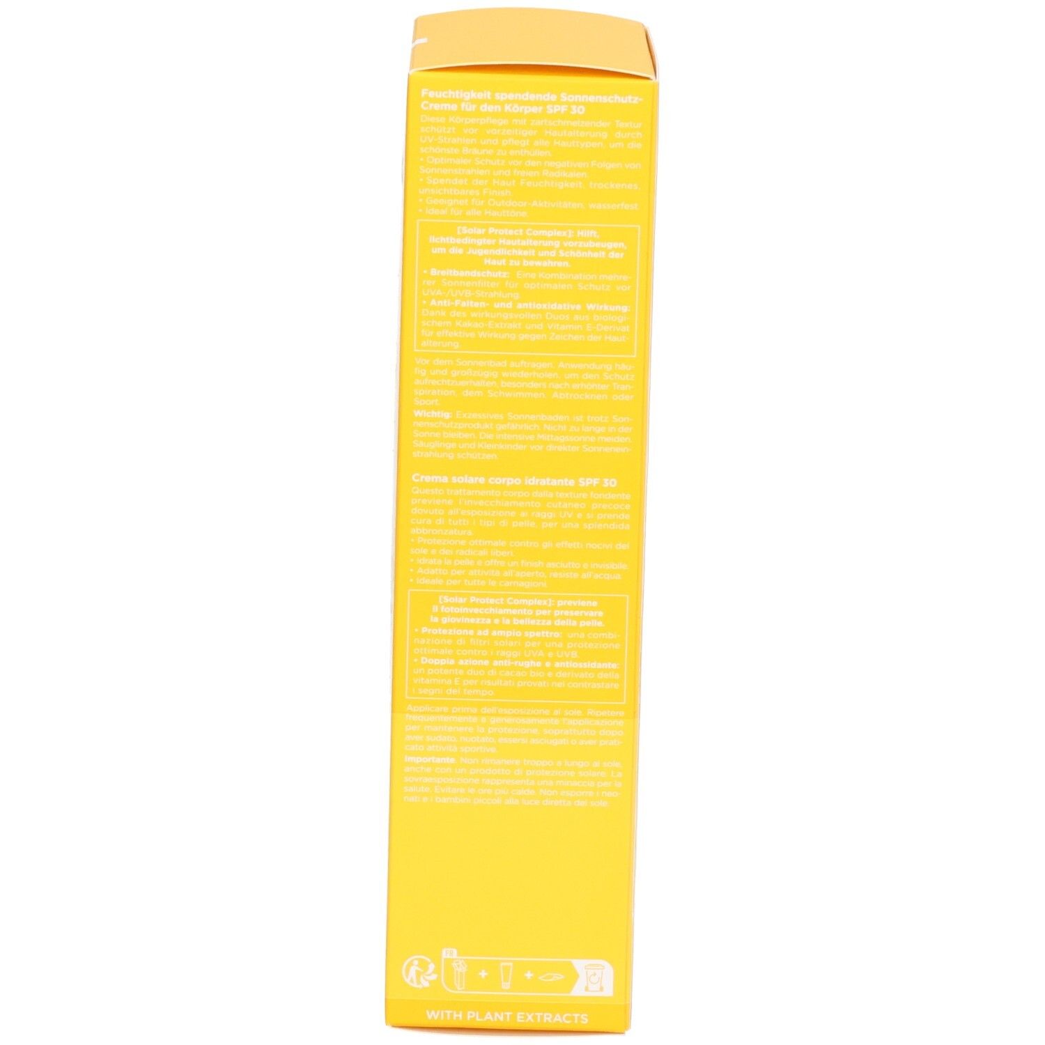 Côté de la boîte de crème solaire Clarins avec texte produit et extraits de plantes.