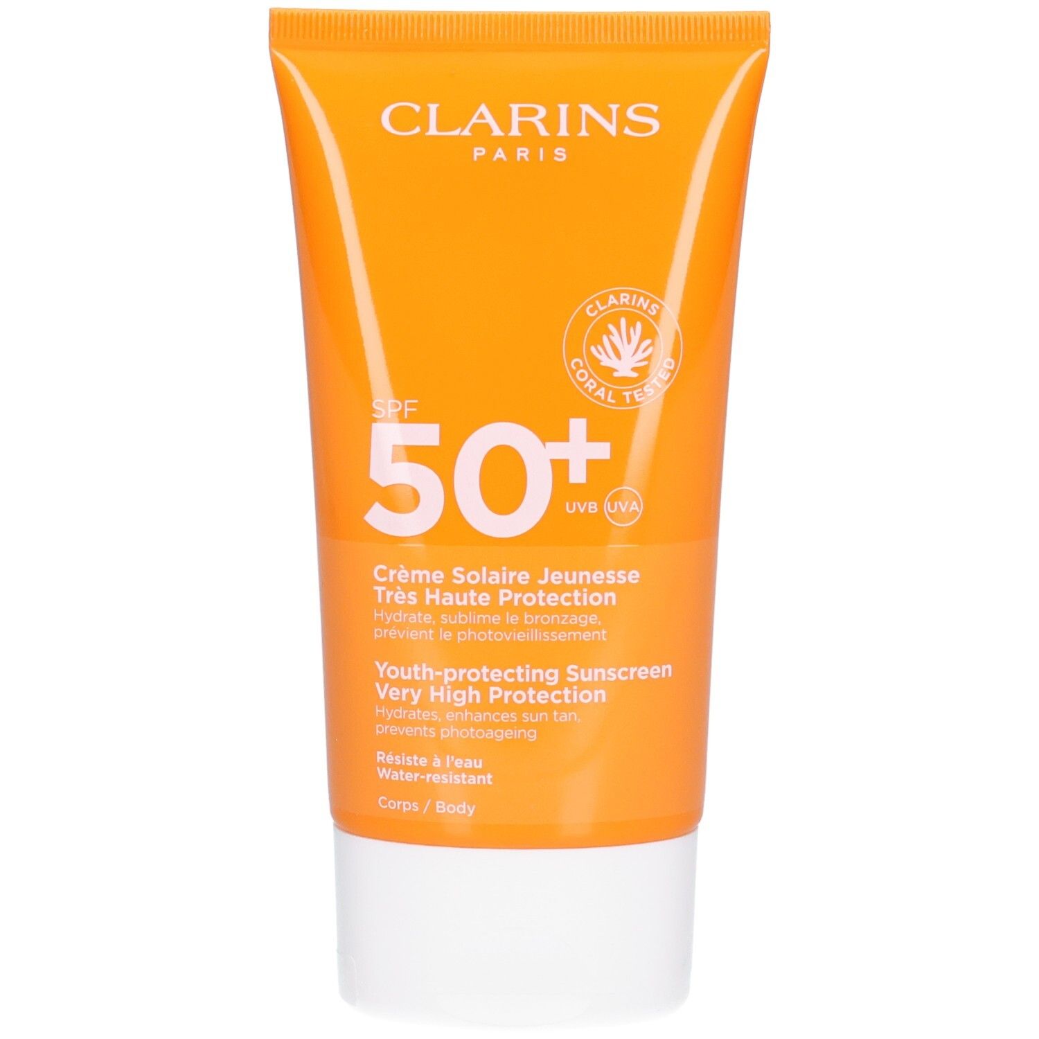 Crème solaire Clarins SPF 50+ dans un tube orange avec un bouchon blanc.