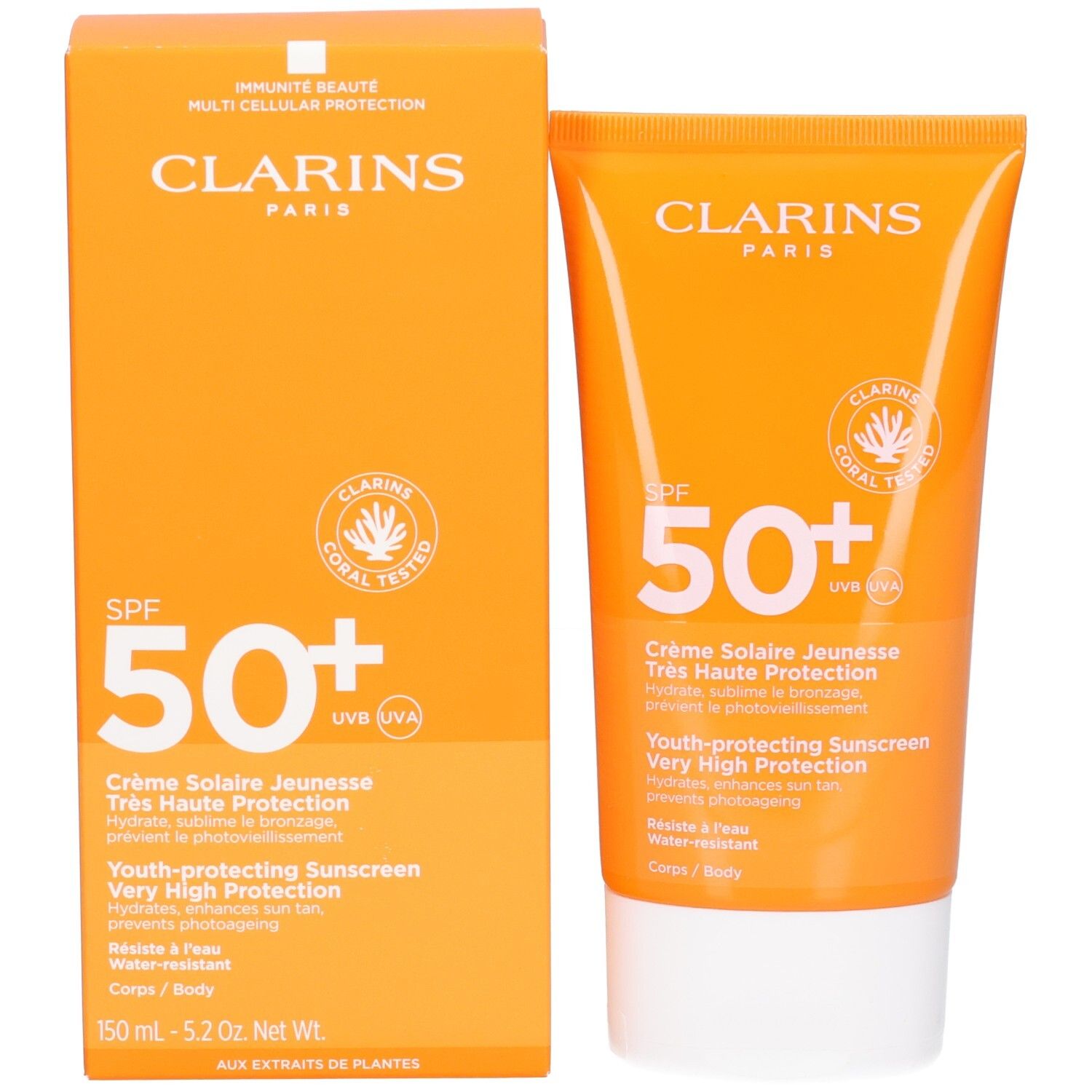 Crème solaire Clarins SPF 50+ et son emballage orange.