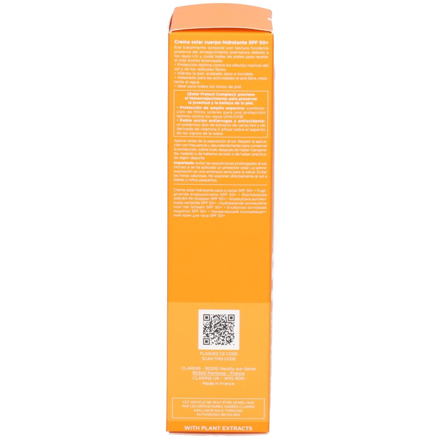 Côté de l'emballage de crème solaire Clarins avec informations produit et code QR.