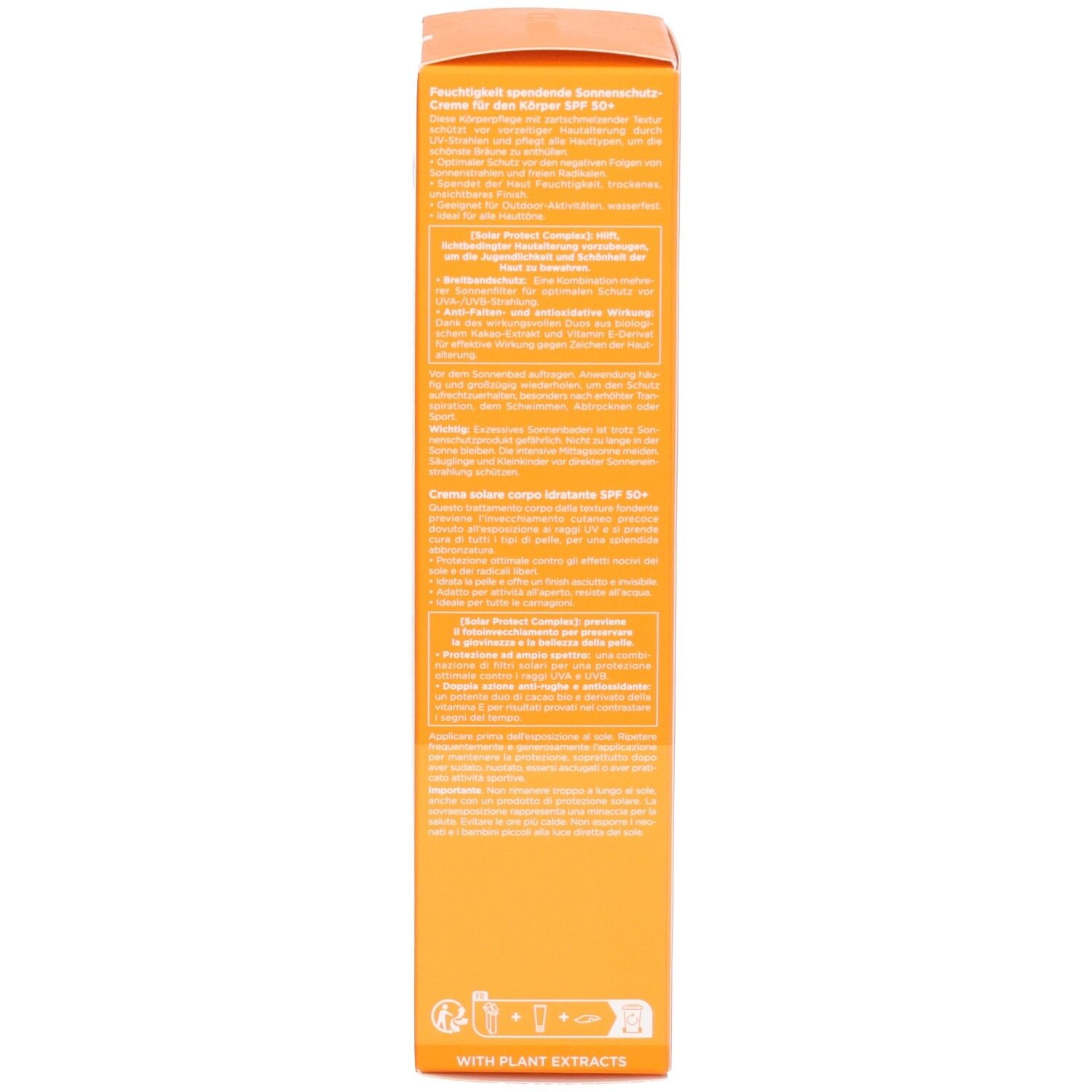 Côté de l'emballage de crème solaire Clarins avec ingrédients et extraits de plantes.