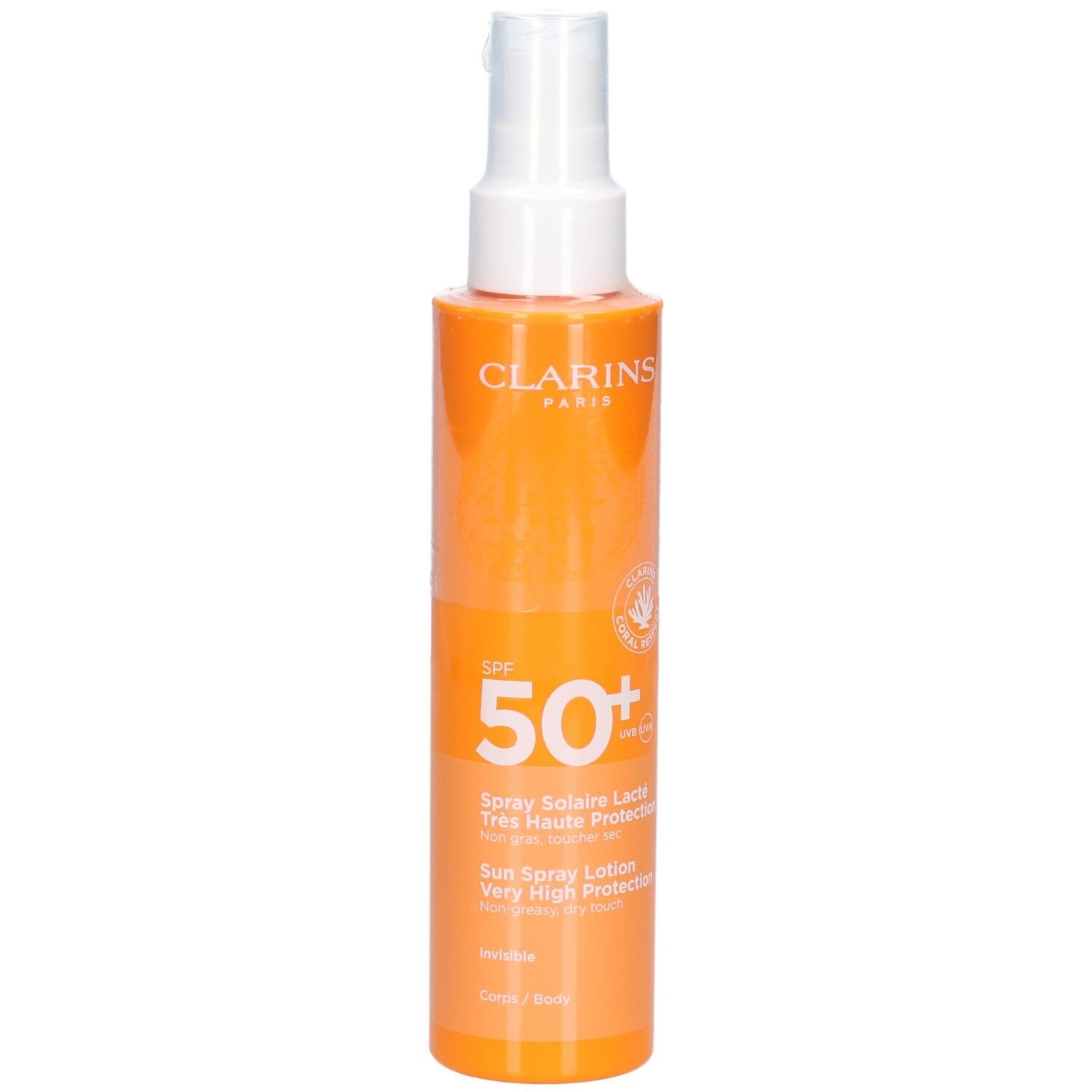 Clarins Lait Solaire Corps SPF 50+ en flacon orange avec pompe blanche.