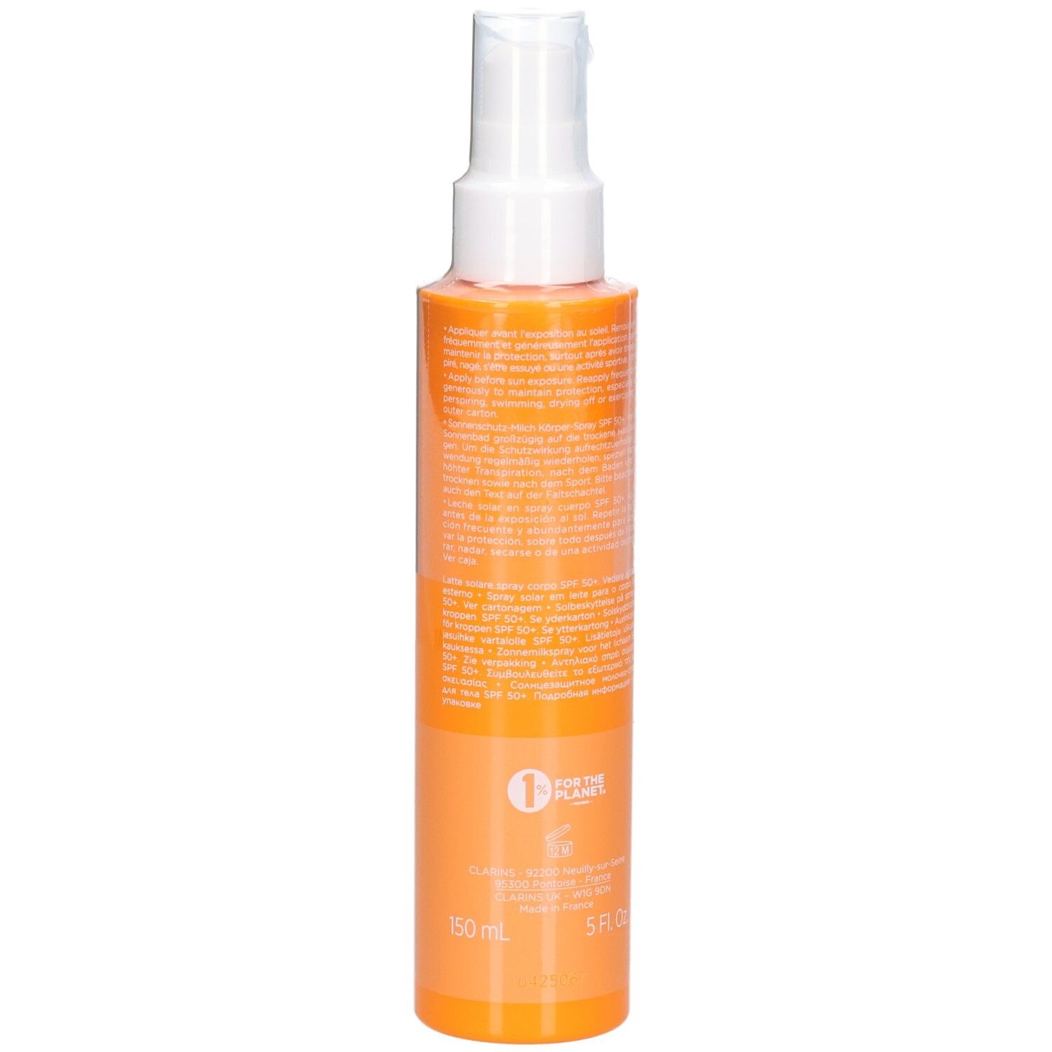 Flacon Clarins Lait Solaire Corps SPF 50+ indiquant 150 ml et 5 FL. OZ.