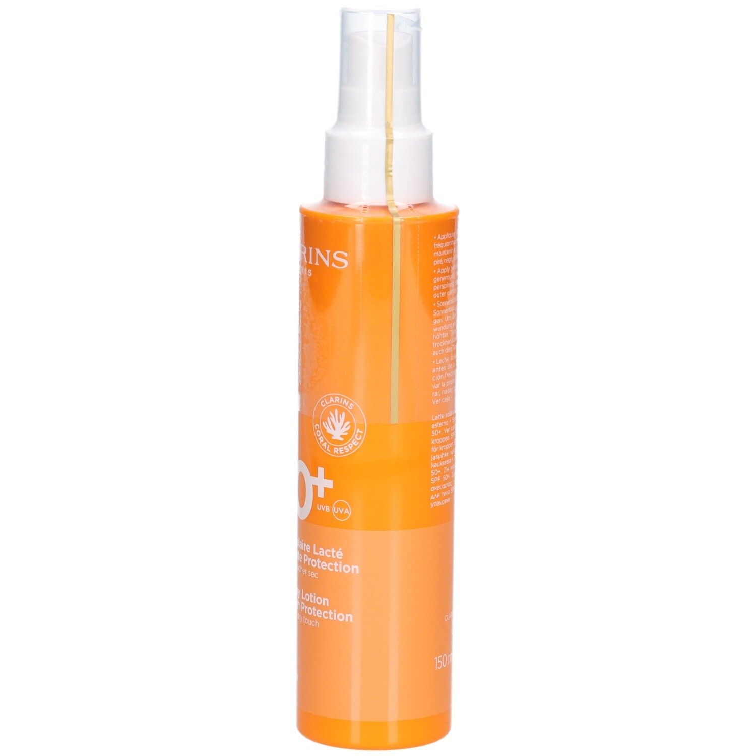 Flacon Clarins Lait Solaire Corps SPF 50+ avec sceau et texte 'Très Haute Protection'.