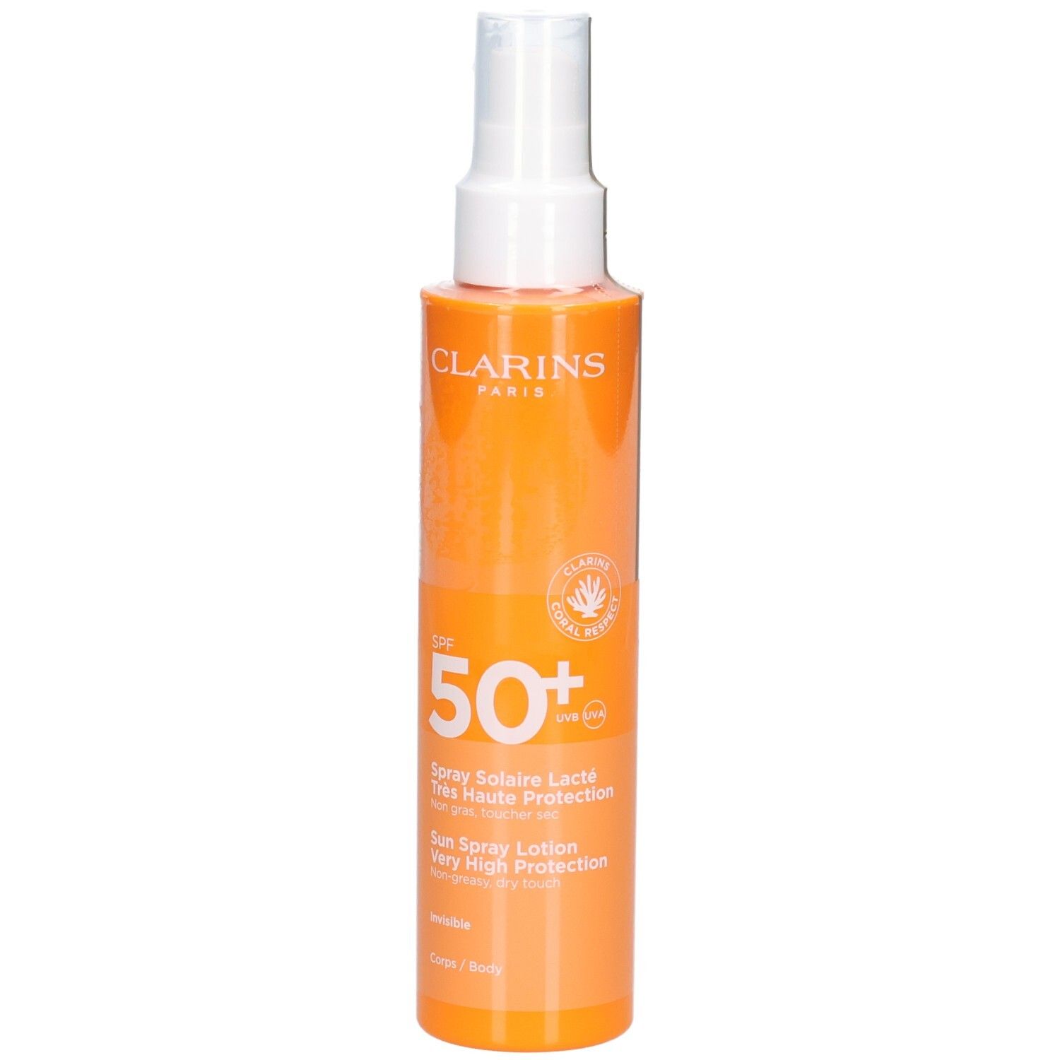 Flacon Clarins Lait Solaire Corps SPF 50+ avec sceau et texte 'Très Haute Protection'.