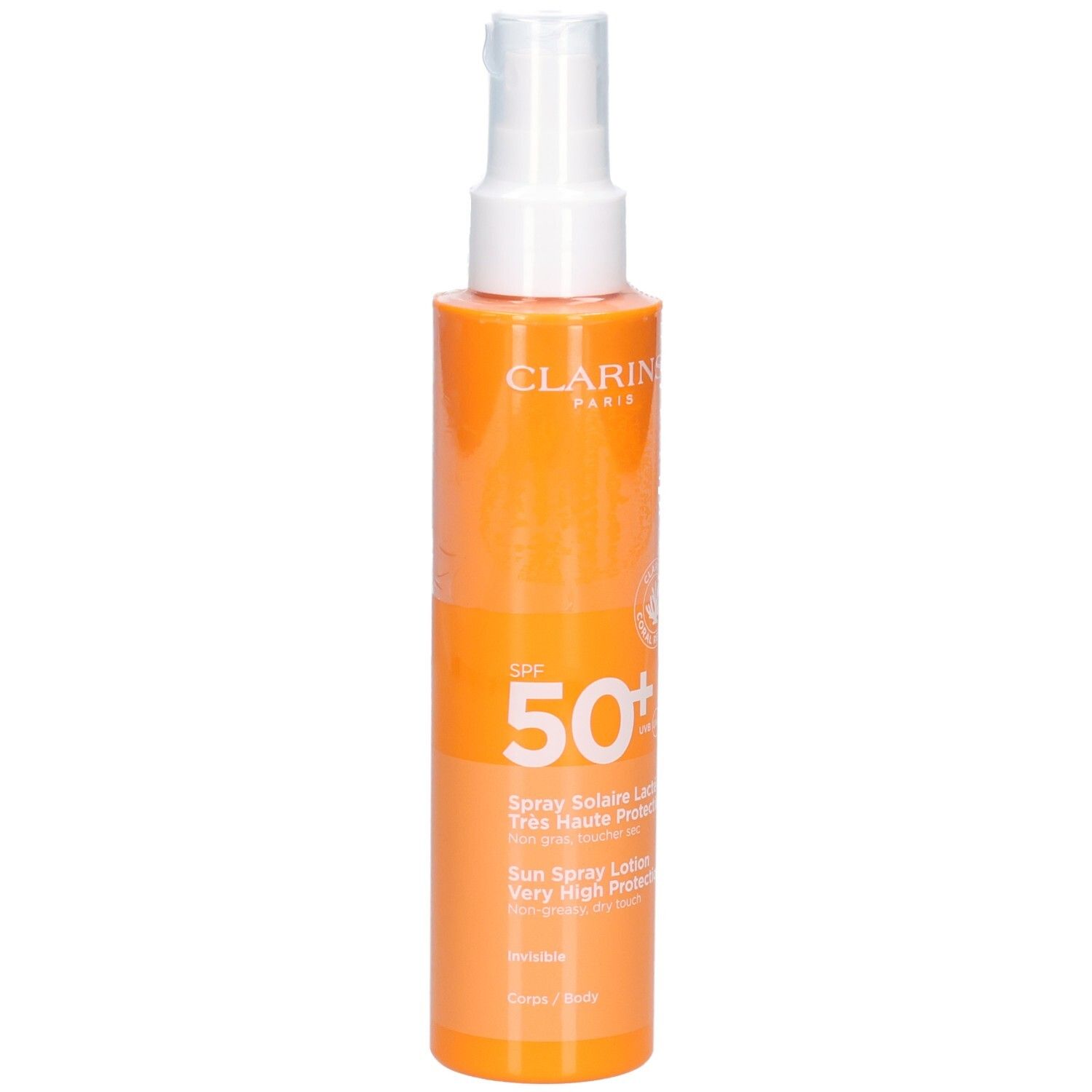 Flacon Clarins Lait Solaire Corps SPF 50+ avec sceau et texte 'Très Haute Protection'.
