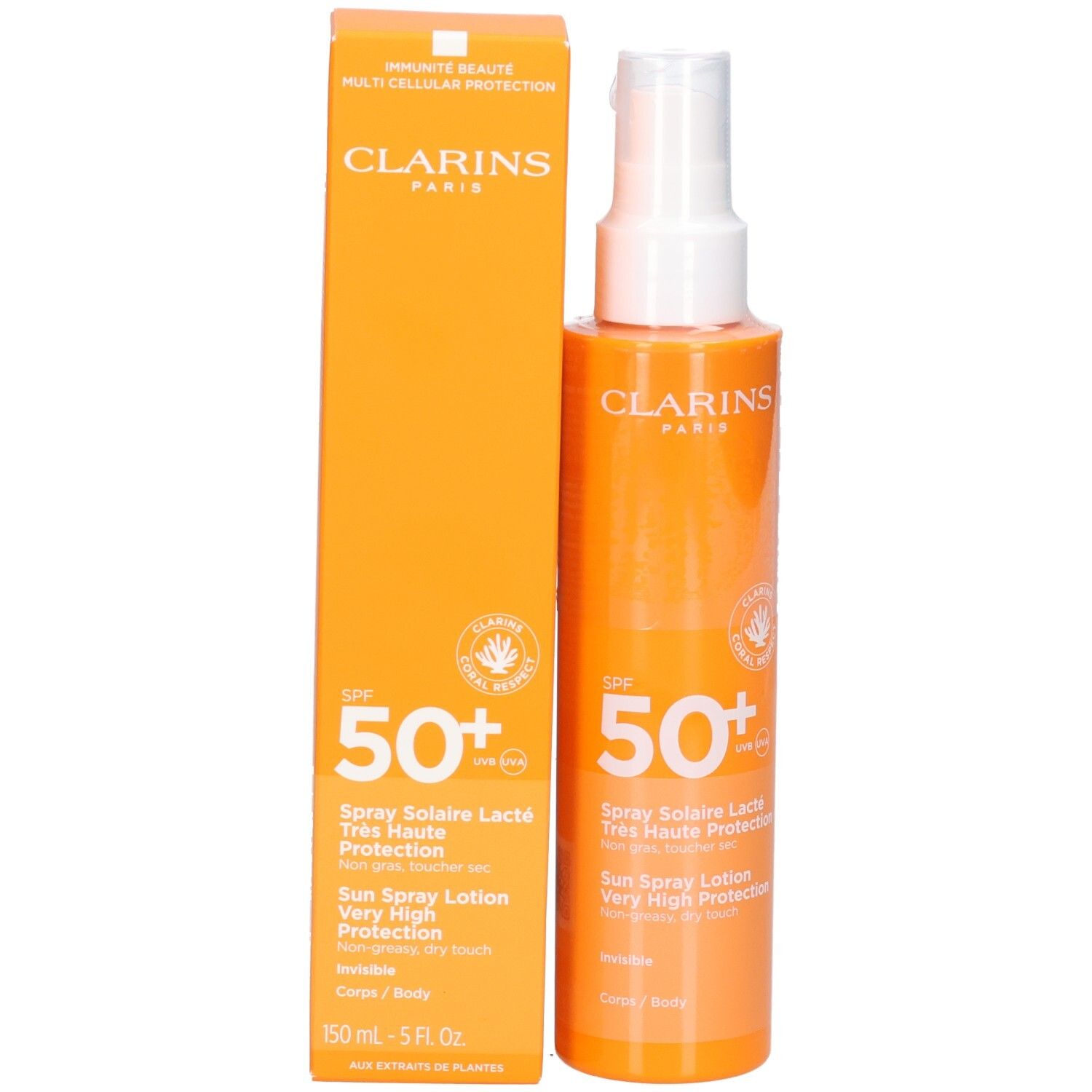 Clarins Lait Solaire Corps SPF 50+ et son emballage avec mention 'SPF 50+'.