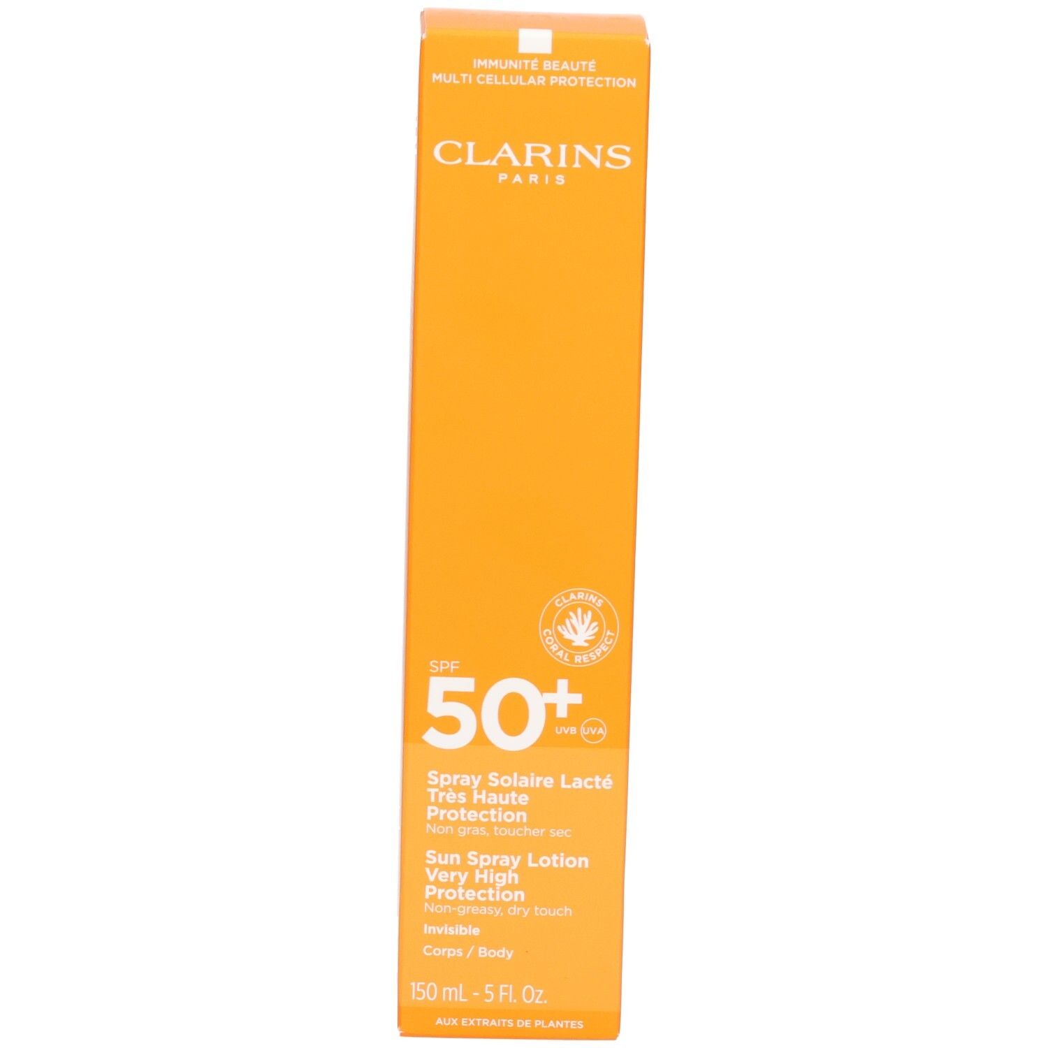 Emballage Clarins Lait Solaire Corps SPF 50+ indiquant 150 ml et 5 FL. OZ.