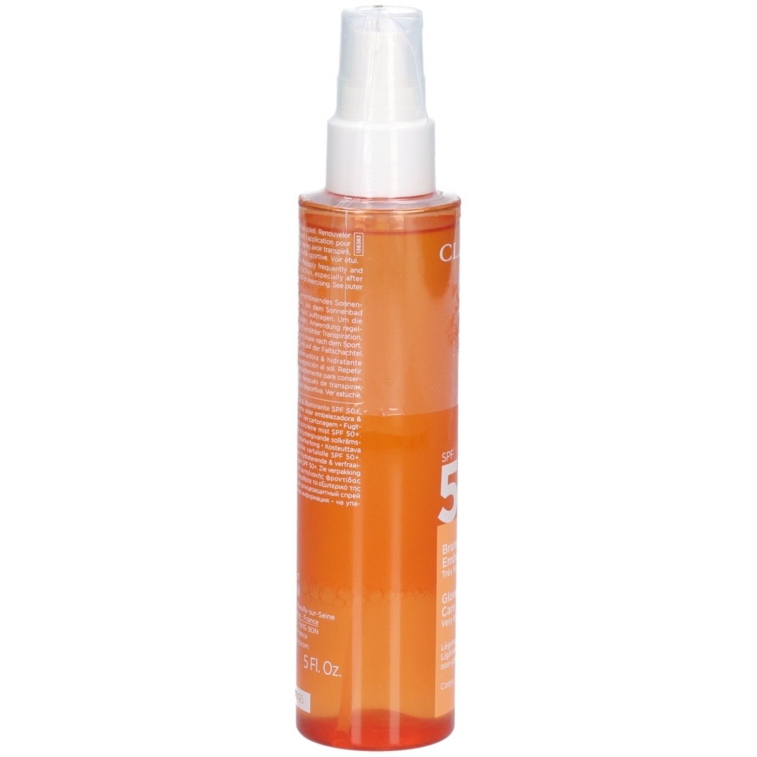 Arrière d'un flacon de brume solaire Clarins SPF 50+ avec instructions.
