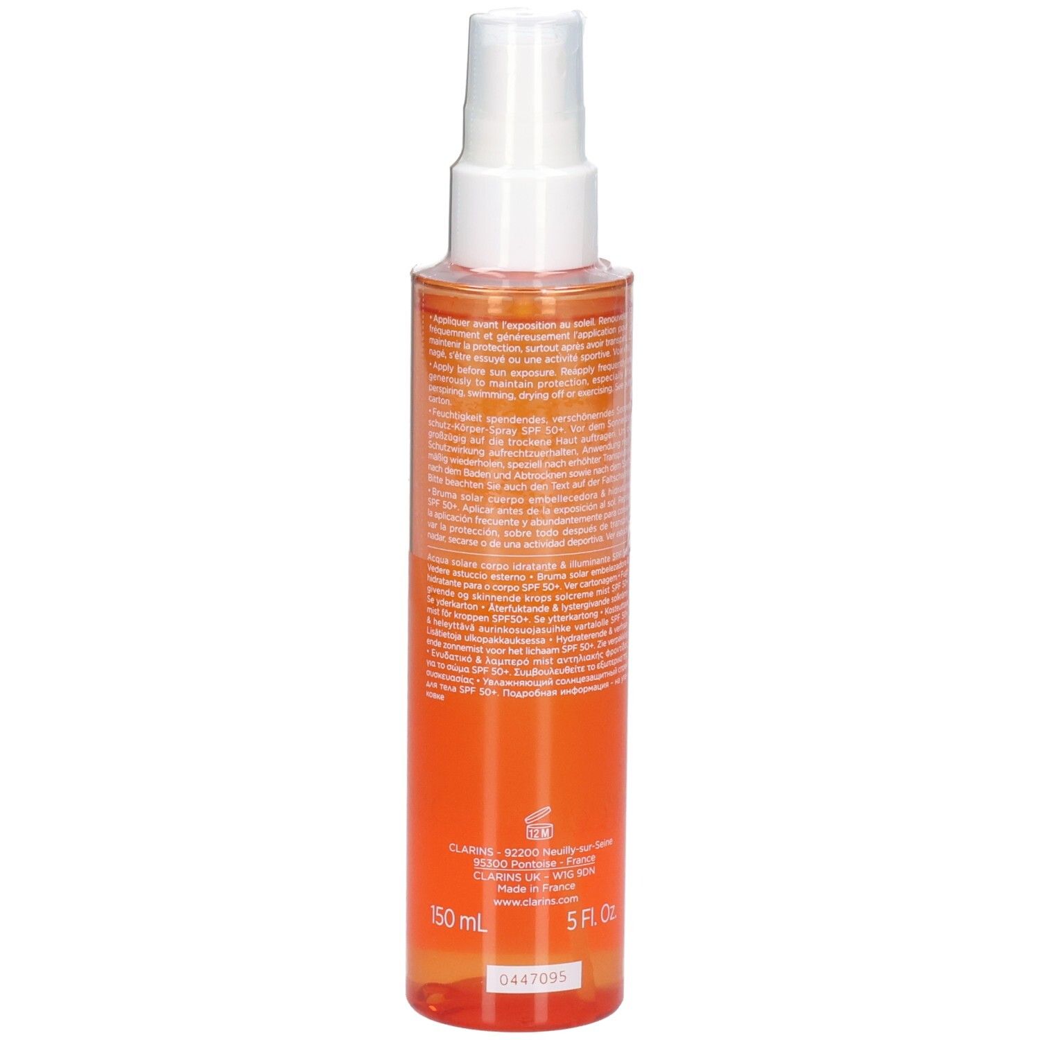 Flacon de brume solaire Clarins SPF 50+, 150 ml, avec informations détaillées sur l'étiquette.