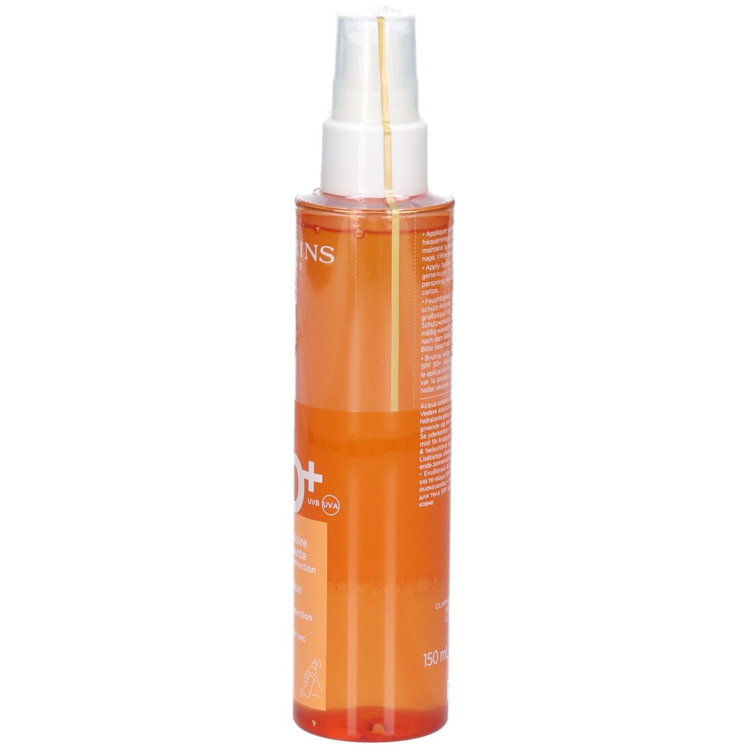 Vue latérale d'un flacon de brume solaire Clarins SPF 50+, orange, avec tête de pulvérisation blanche.