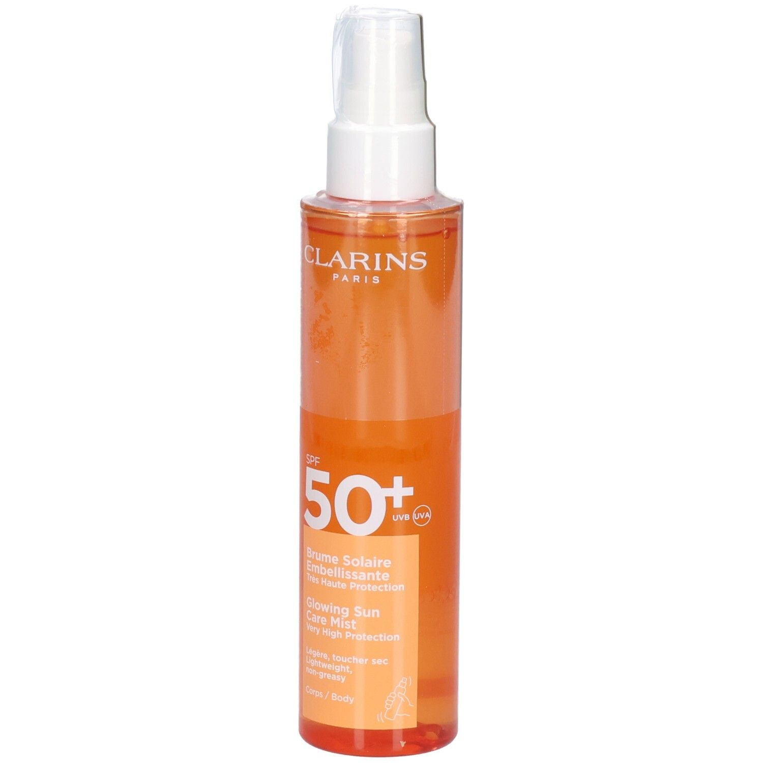 Brume solaire Clarins SPF 50+ dans un flacon orange avec tête de pulvérisation blanche, vue de face.