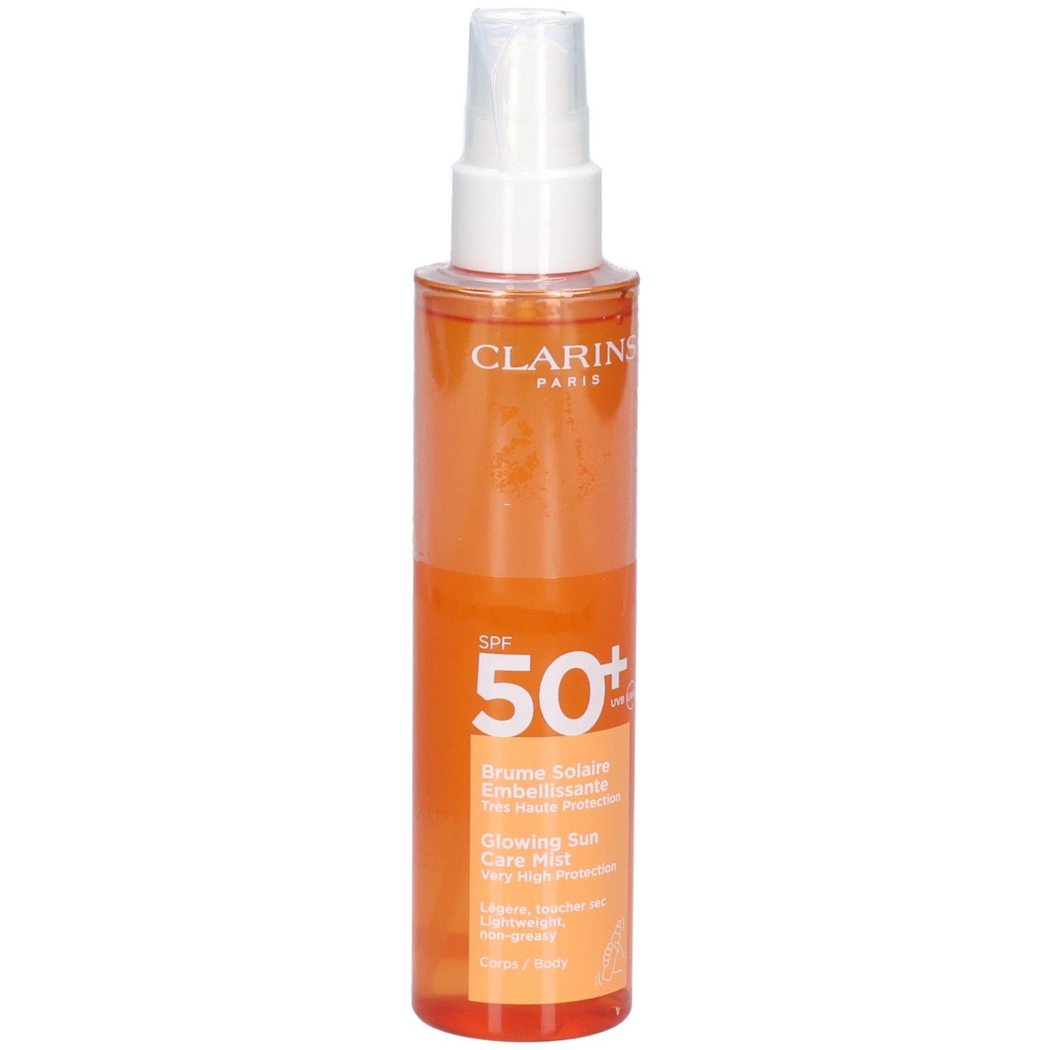 Flacon de brume solaire Clarins SPF 50+, orange, avec tête de pulvérisation blanche, texture légère.