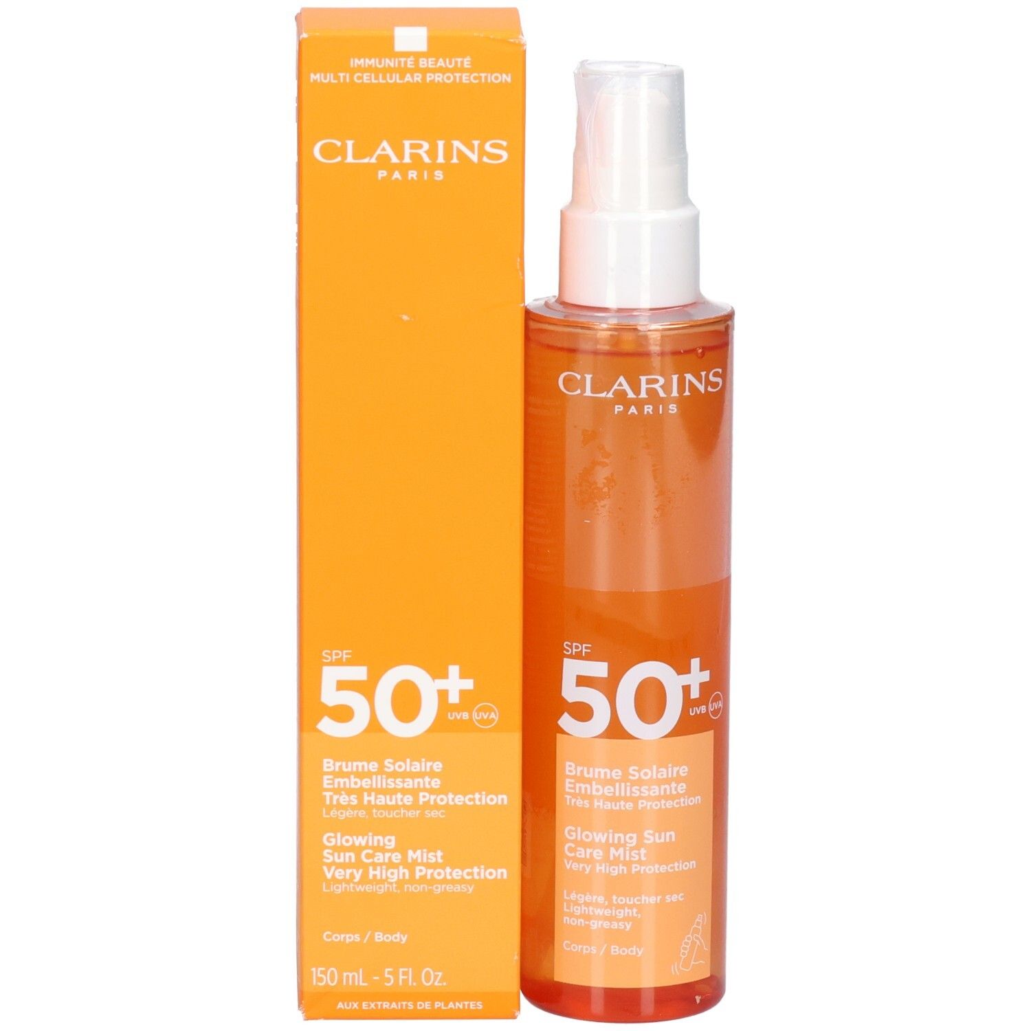 Brume solaire Clarins SPF 50+ et son emballage orange, tous deux avec tête de pulvérisation.