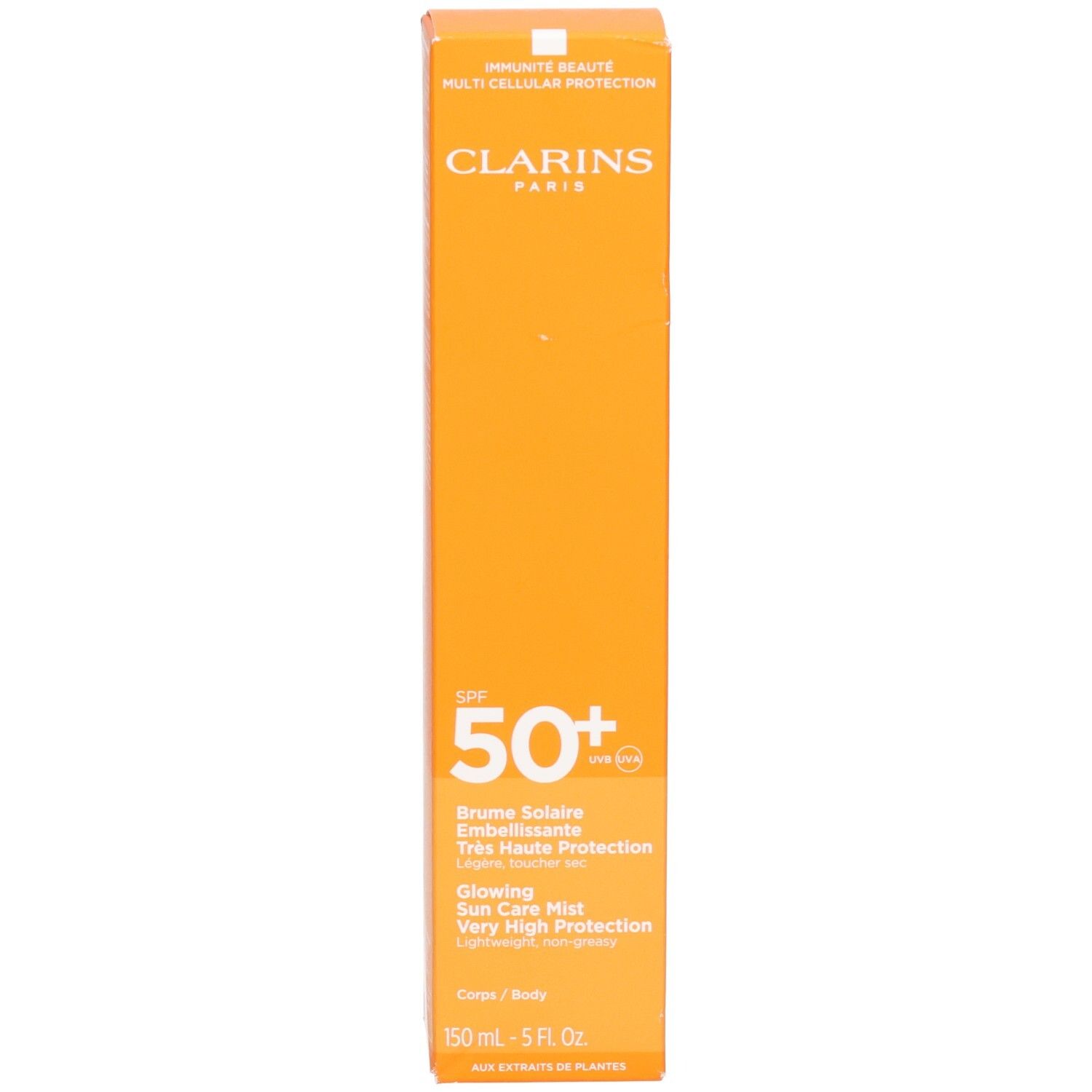 Emballage orange Clarins pour brume solaire SPF 50+, avec informations produit.