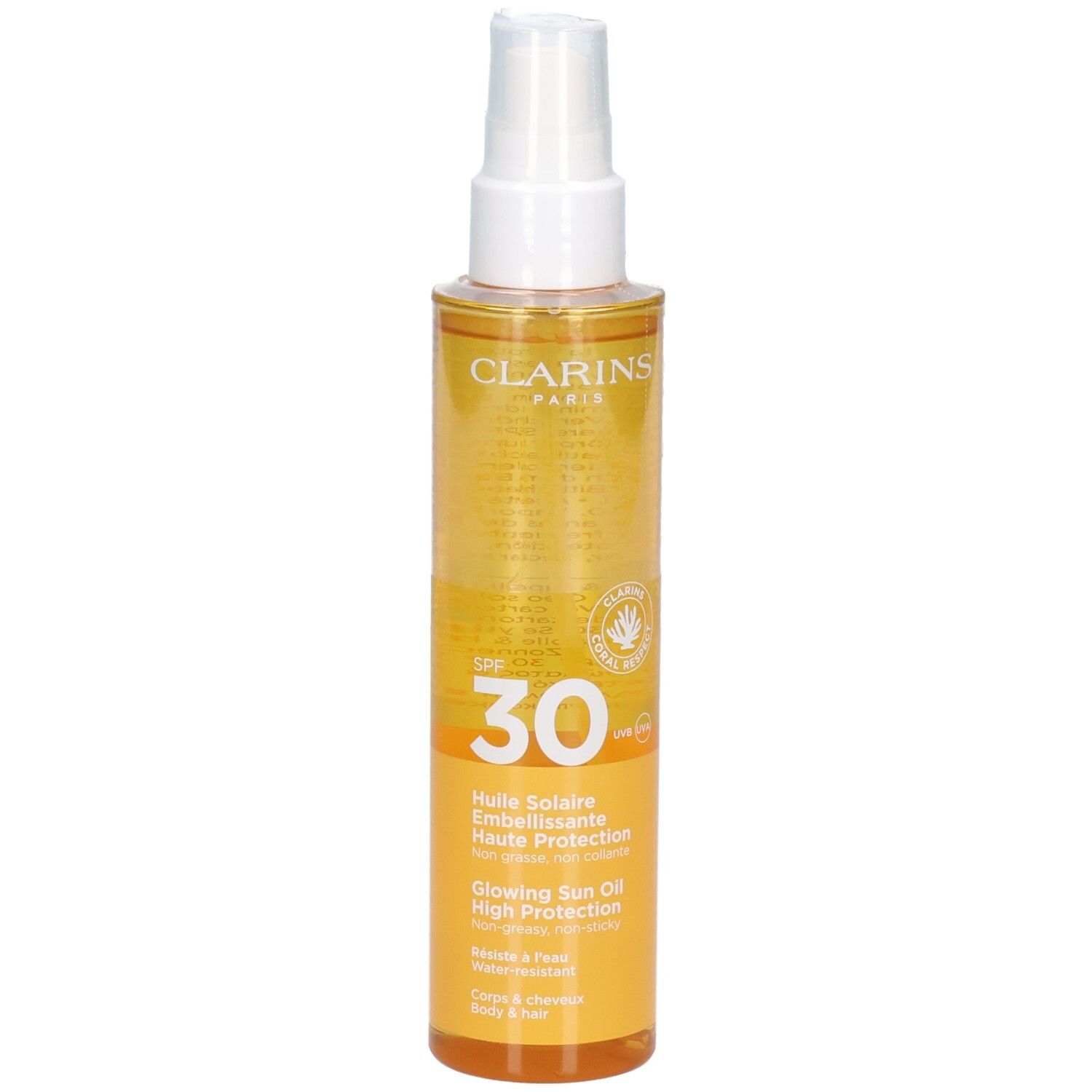 Huile solaire Clarins SPF 30, flacon transparent avec spray. Huile jaune, bouchon blanc.