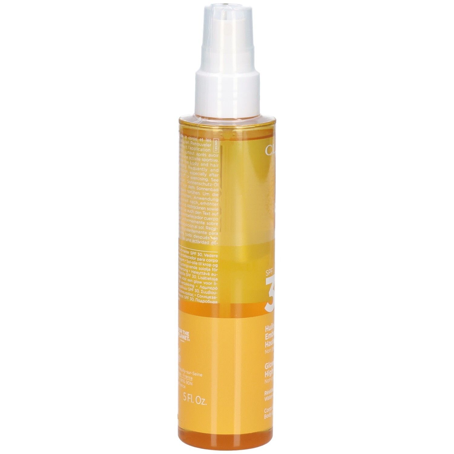 Huile solaire Clarins SPF 30, vue de côté. Flacon transparent avec spray, huile jaune.