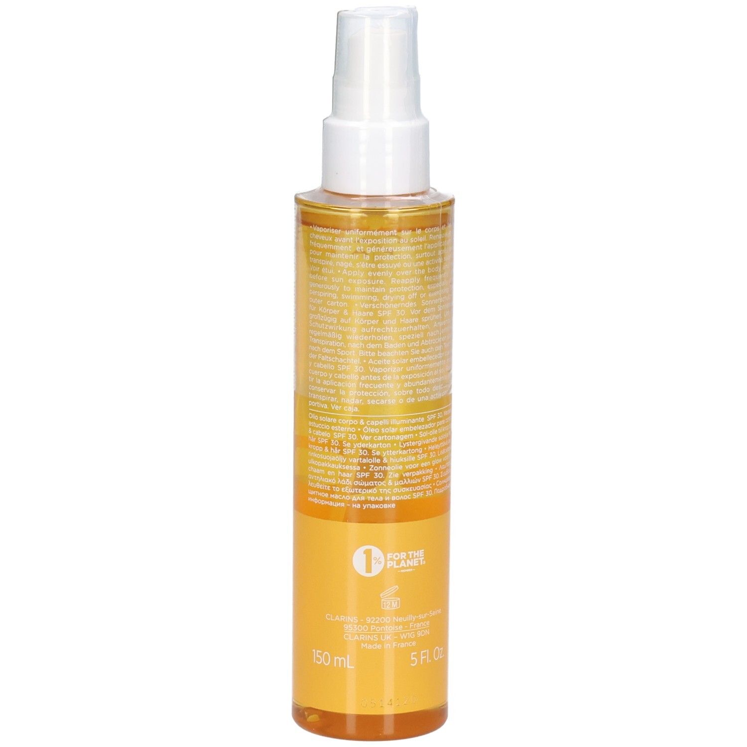 Huile solaire Clarins SPF 30, vue arrière. Flacon avec spray, huile jaune, avec texte et logo.