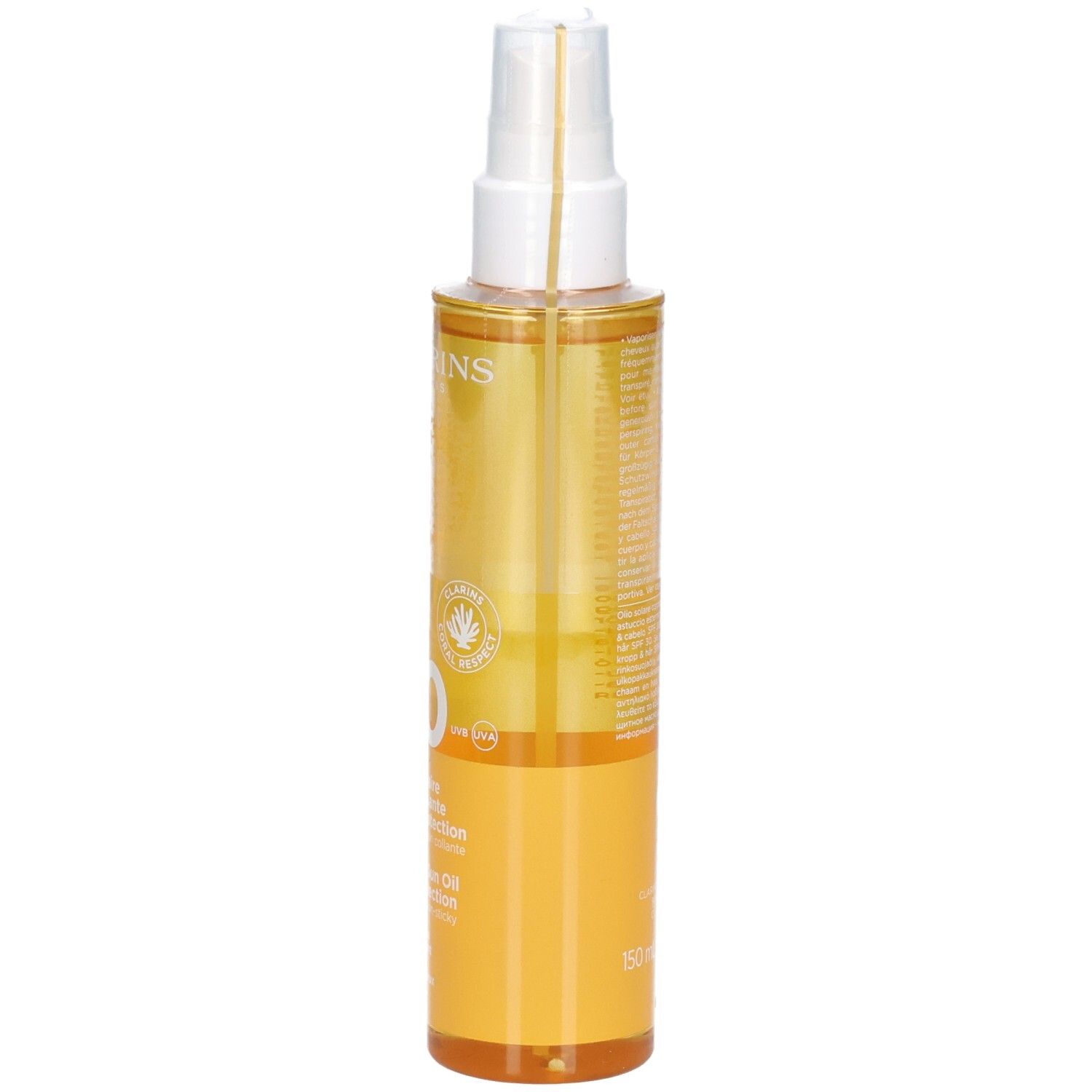 Huile solaire Clarins SPF 30, vue de côté. Flacon avec spray, huile jaune, avec texte.