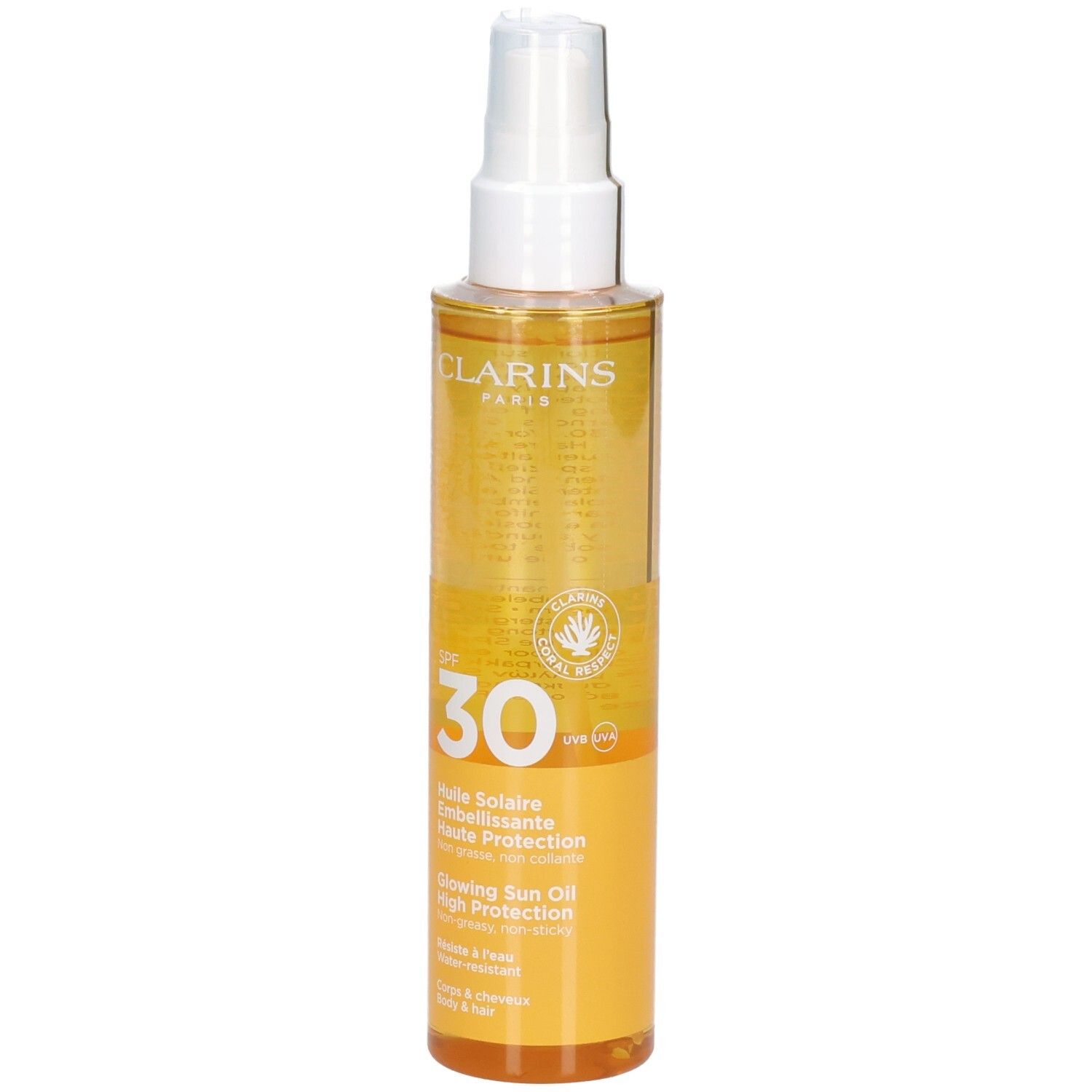 Huile solaire Clarins SPF 30, face avant. Flacon transparent avec spray, huile jaune.