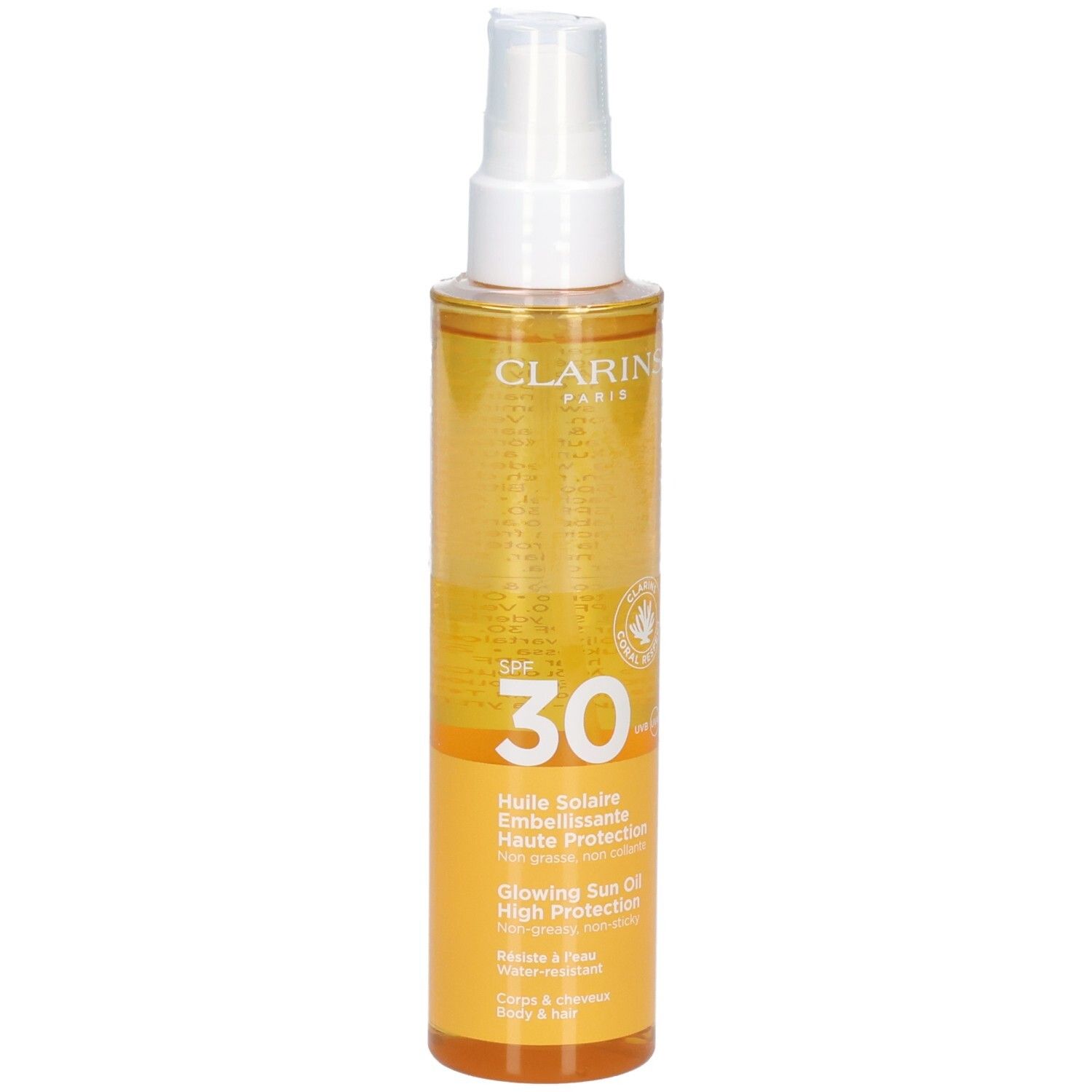 Huile solaire Clarins SPF 30, face avant. Flacon transparent avec spray, huile jaune.