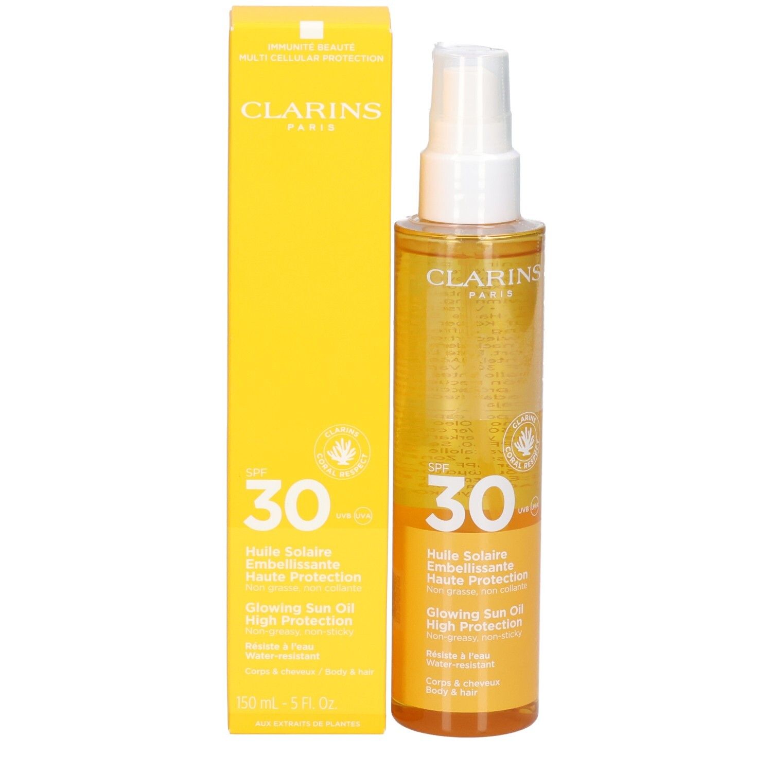 Huile solaire Clarins SPF 30 et son emballage. Boîte en carton jaune et flacon transparent avec spray.