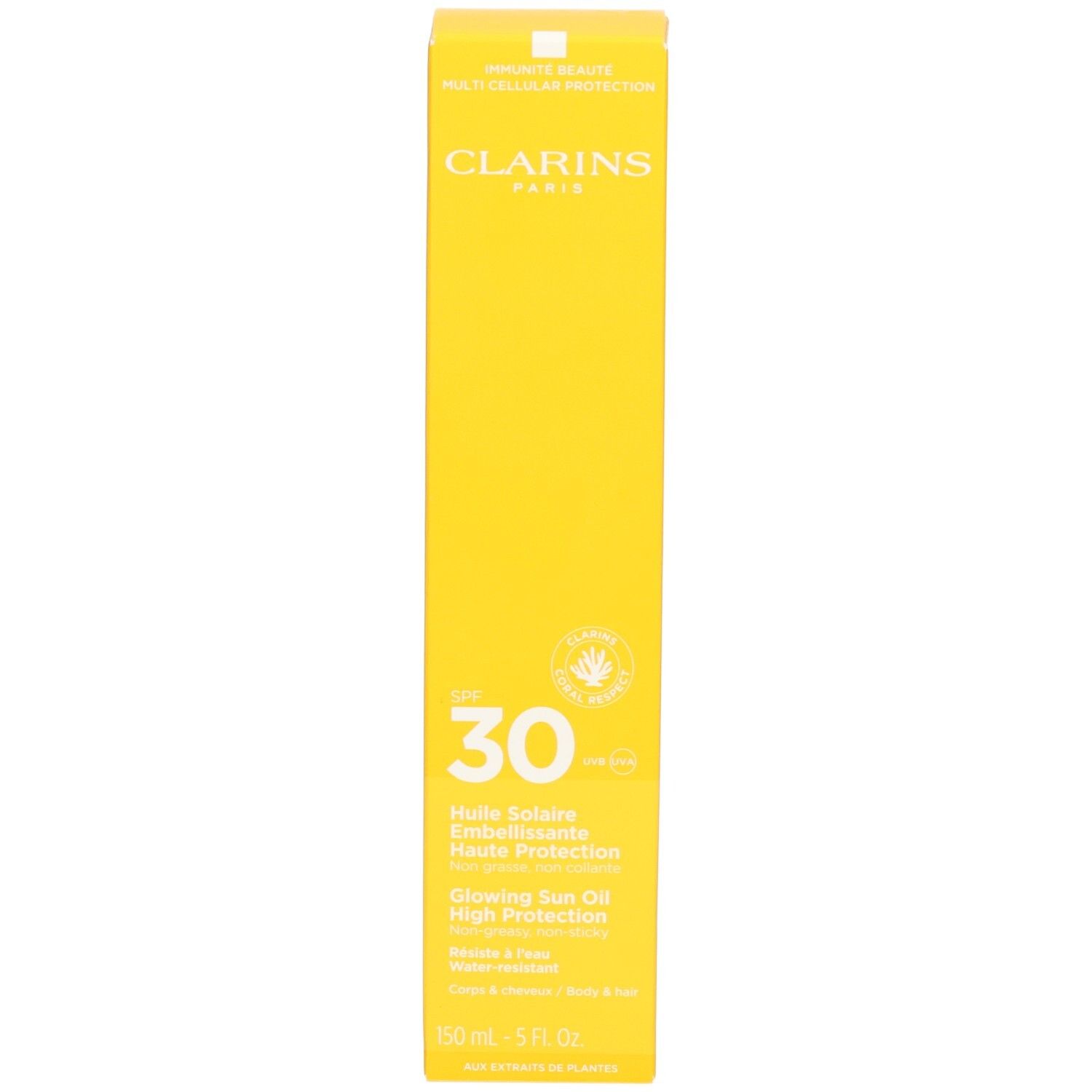Emballage de l'huile solaire Clarins SPF 30. Boîte en carton jaune avec informations produit et SPF 30.