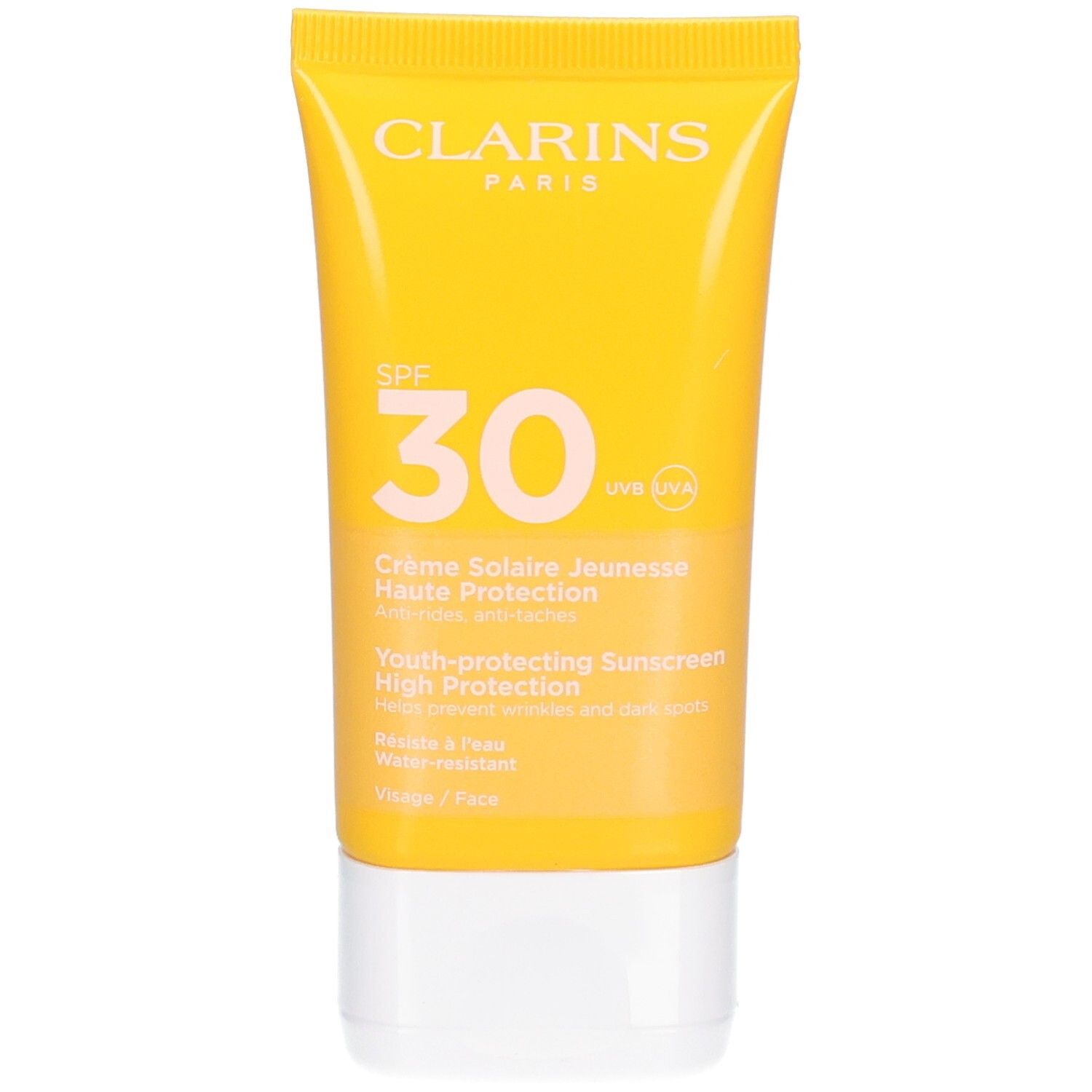 Clarins Crème Solaire SPF 30, tube jaune avec bouchon blanc.