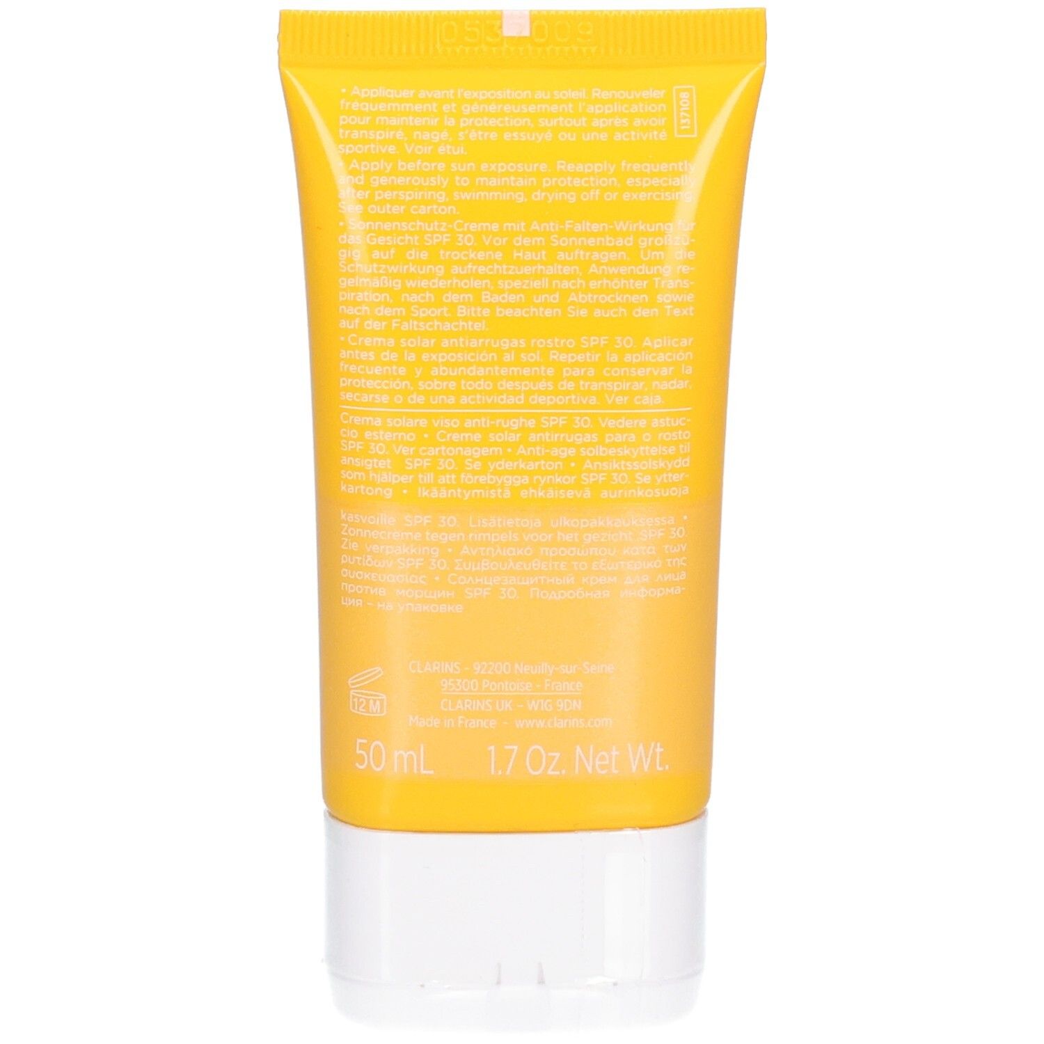 Arrière du tube Clarins Crème Solaire SPF 30 avec instructions.